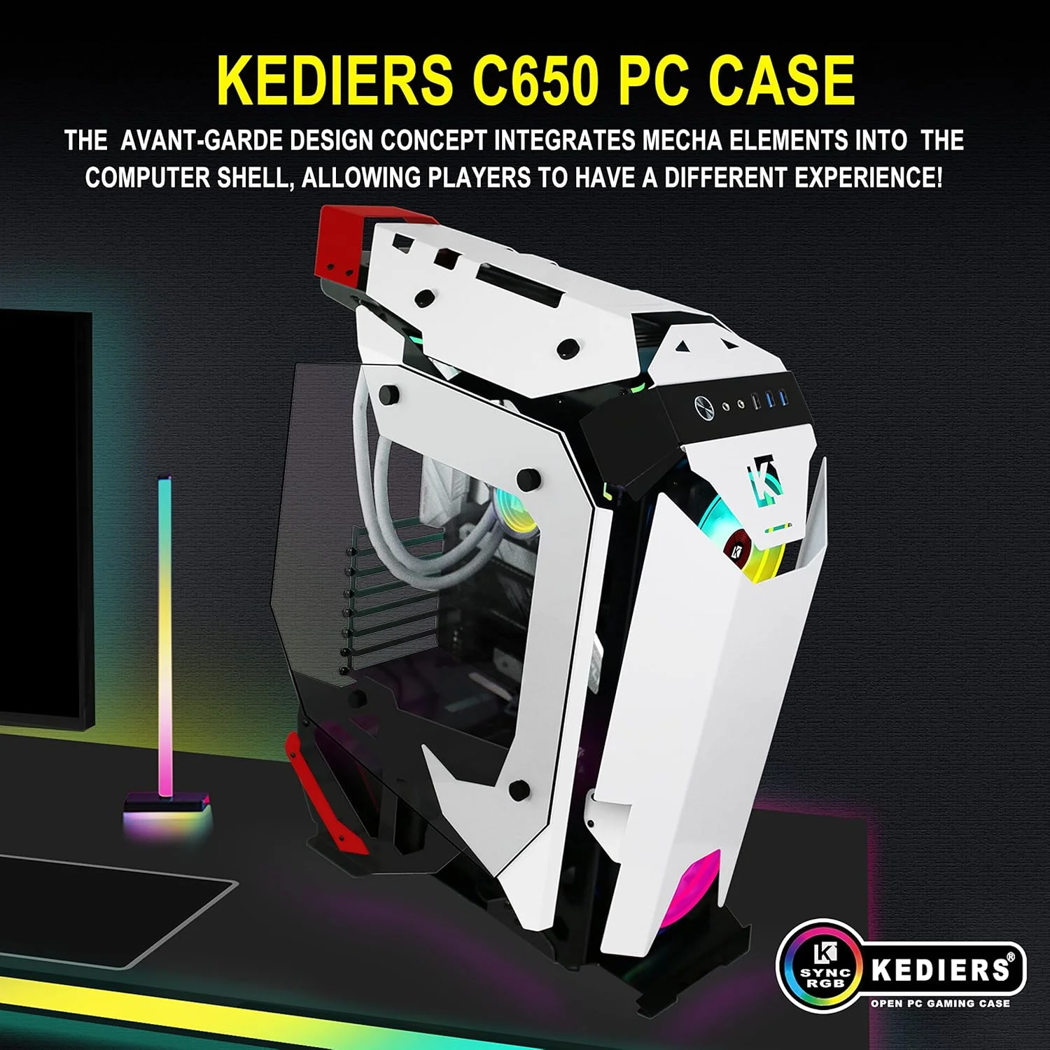 کیس کامپیوتر گیمینگ KEDIERS C650 Mech - کیس برج ATX با شیشه حرارت دیده، سفید