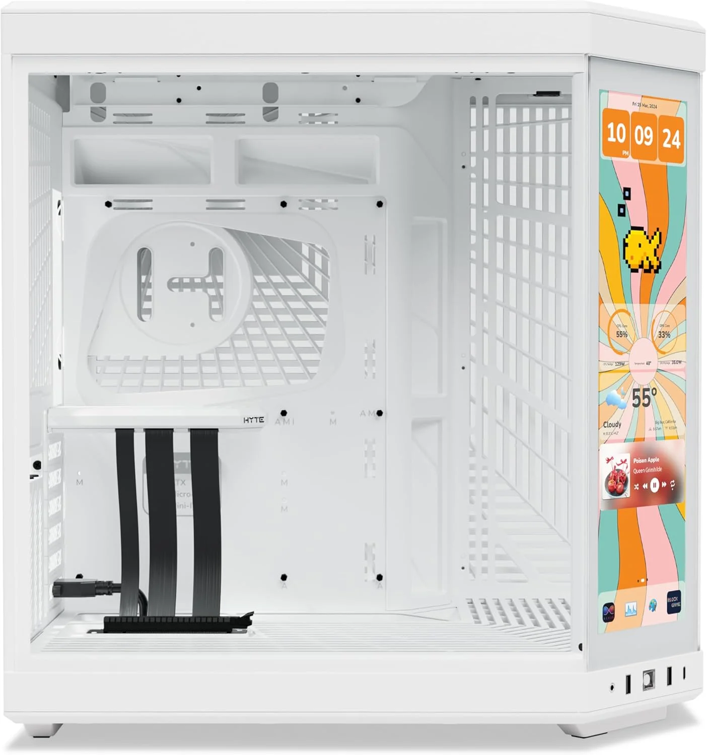 کیس مید تاور ATX دو محفظه ای HYTE Y70 Touch Infinite با طراحی مدرن و صفحه لمسی LCD 2.5K یکپارچه - سفید برفی