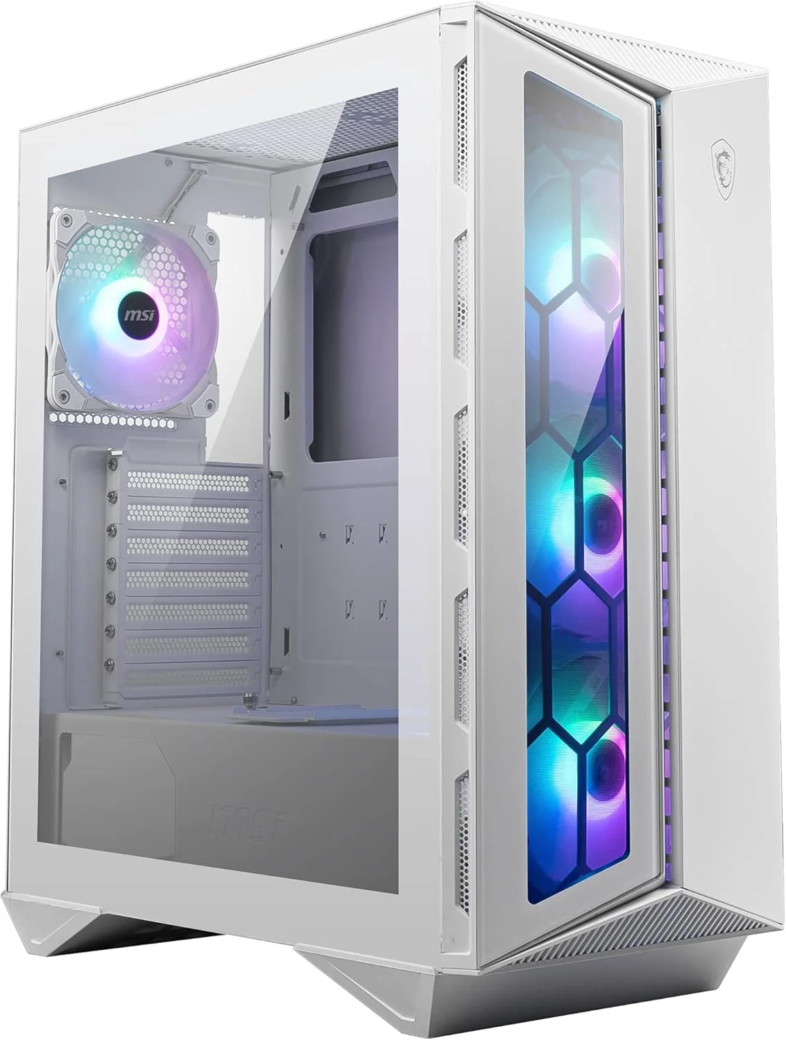 کیس کامپیوتر مید تاور MSI MPG GUNGNIR 110R WHITE - شیشه حرارت دیده، ظرفیت ATX، M-ATX و Mini-ITX، 4 عدد فن 120 میلی متری ARGB با کنترلر هاب، فیلتر گرد و غبار مغناطیسی، پورت های USB 3.2 Gen 2x2 Type-C، پورت های Gen 1 Type-A