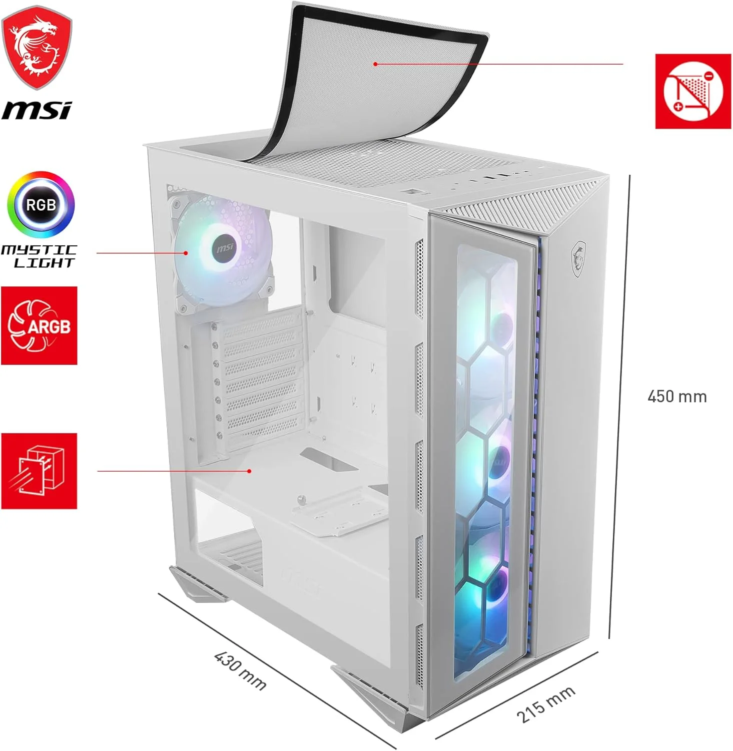 کیس کامپیوتر مید تاور MSI MPG GUNGNIR 110R WHITE - شیشه حرارت دیده، ظرفیت ATX، M-ATX و Mini-ITX، 4 عدد فن 120 میلی متری ARGB با کنترلر هاب، فیلتر گرد و غبار مغناطیسی، پورت های USB 3.2 Gen 2x2 Type-C، پورت های Gen 1 Type-A