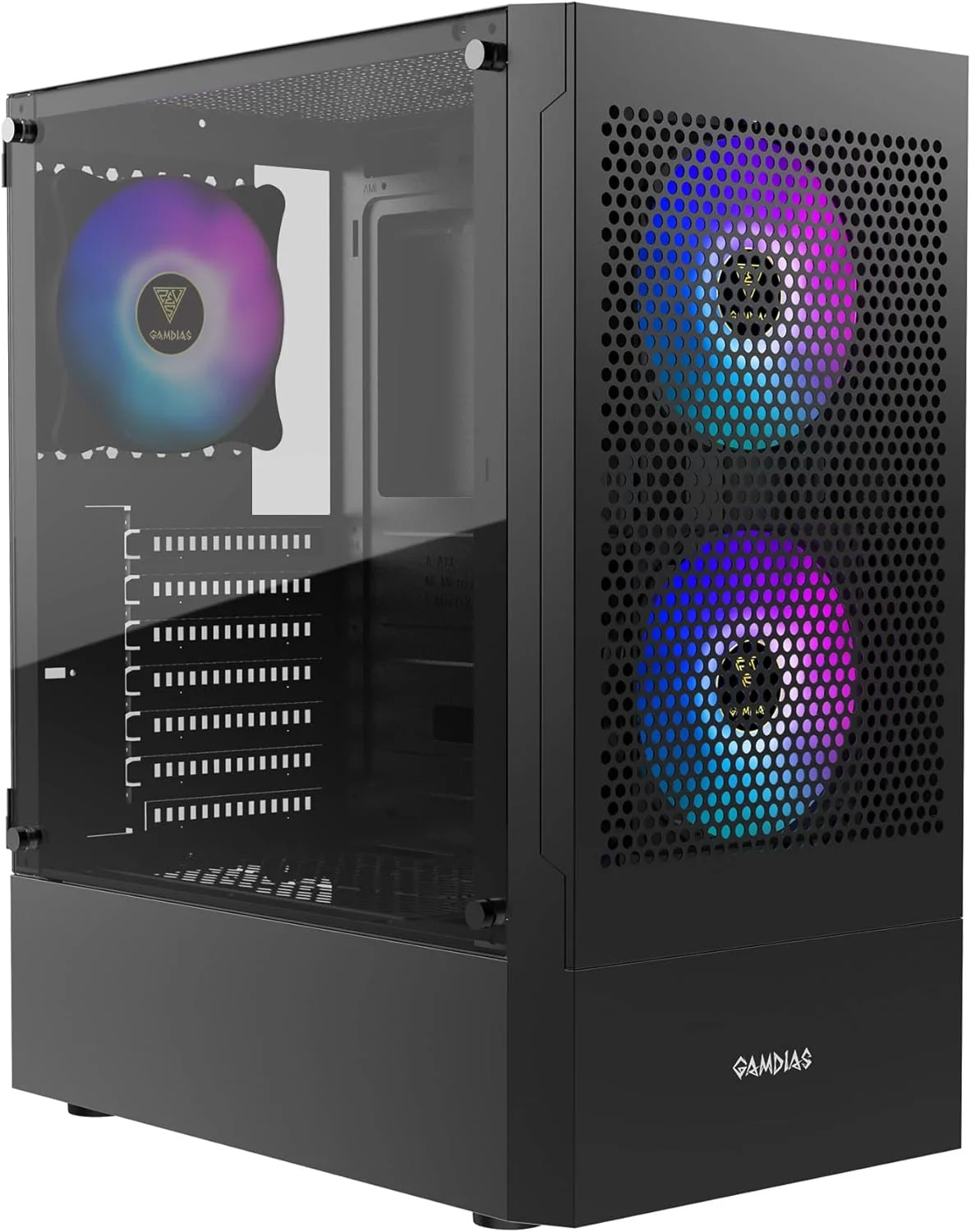 کیس کامپیوتر گیمینگ GAMDIAS ATX Mid Tower با شیشه حرارت دیده، دارای 3 فن ARGB 120 میلی‌متری داخلی، پشتیبانی از AIO/Radiator تا 360 میلی‌متر، 5 فن 120 میلی‌متری، کارت گرافیک 300 میلی‌متری، منبع تغذیه 150 میلی‌متری و خنک کننده پردازنده 160 میلی‌متری