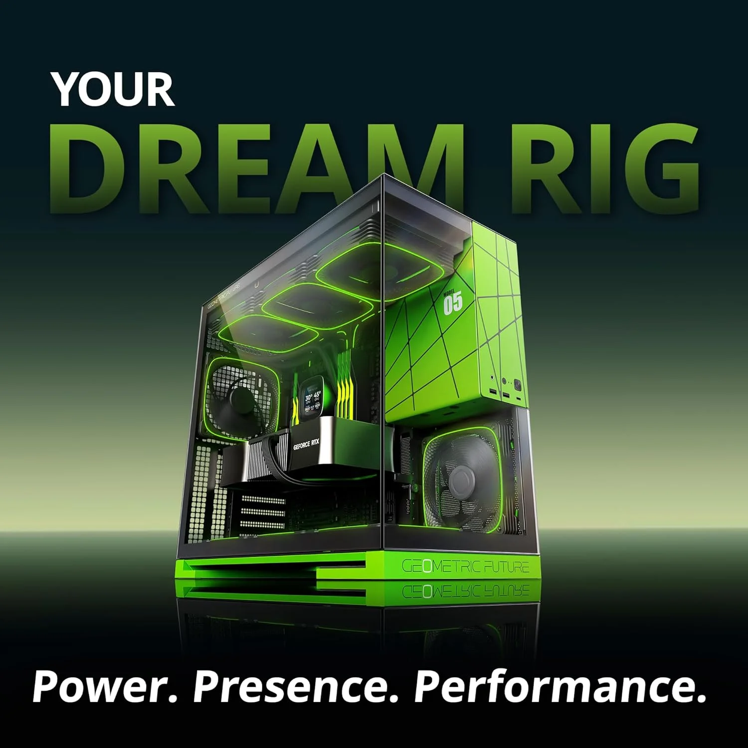 کیس مید تاور شیشه حرارت دیده Geometric Future M5، مناسب مادربردهای E-ATX/ATX، استیل 1.2 میلی‌متری، دارای پورت Type C، پنل‌های بدون نیاز به ابزار، پشتیبانی از رادیاتور 420/360، دارای 5 فن ARGB PWM 140 میلی‌متری از پیش نصب شده، مشکی/سبز، GEO-M5F-BNY