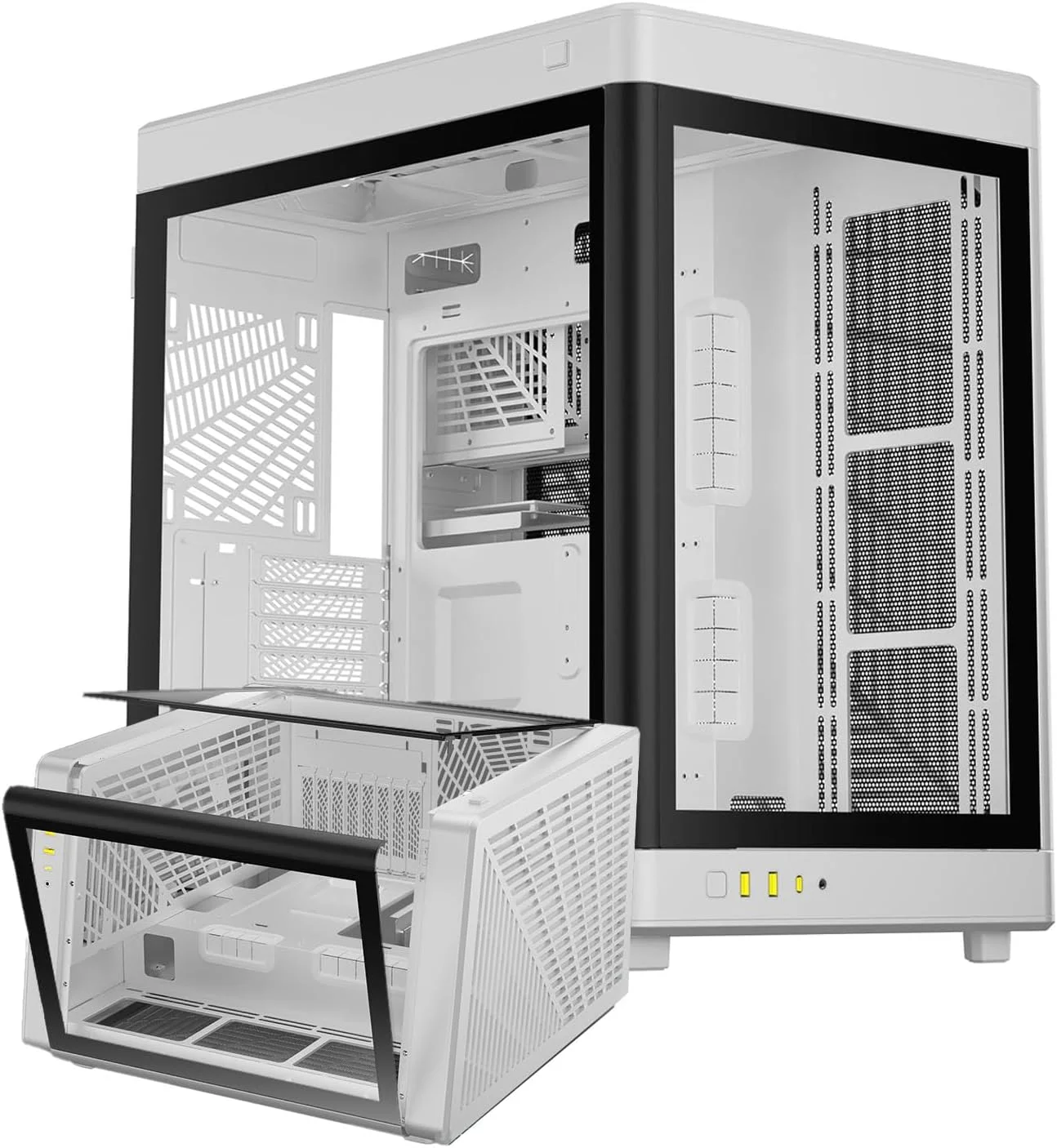 کیس کامپیوتر گیمینگ GAMDIAS RGB با محفظه دوگانه و شیشه حرارت دیده پانوراما؛ قابلیت ایستادن به دو صورت عمودی و افقی با باز شدن با یک لمس؛ پشتیبانی از خنک کننده مایع 420 میلی‌متری و فضای بزرگ مدیریت کابل