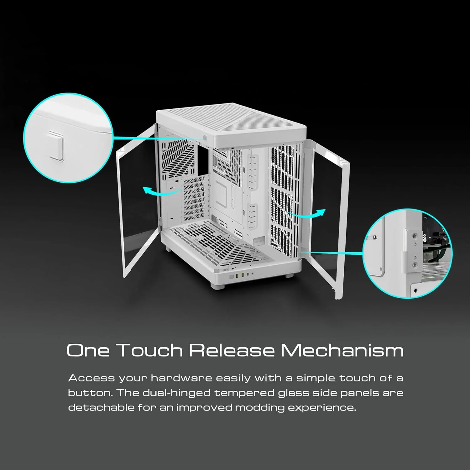 کیس کامپیوتر گیمینگ GAMDIAS RGB با شیشه حرارت دیده دو محفظه ای، ایستاده دو طرفه با جهت گیری عمودی و افقی و کیس کامپیوتر بازشو تک لمسی با پشتیبانی از AIO 420mm و مدیریت کابل گسترده