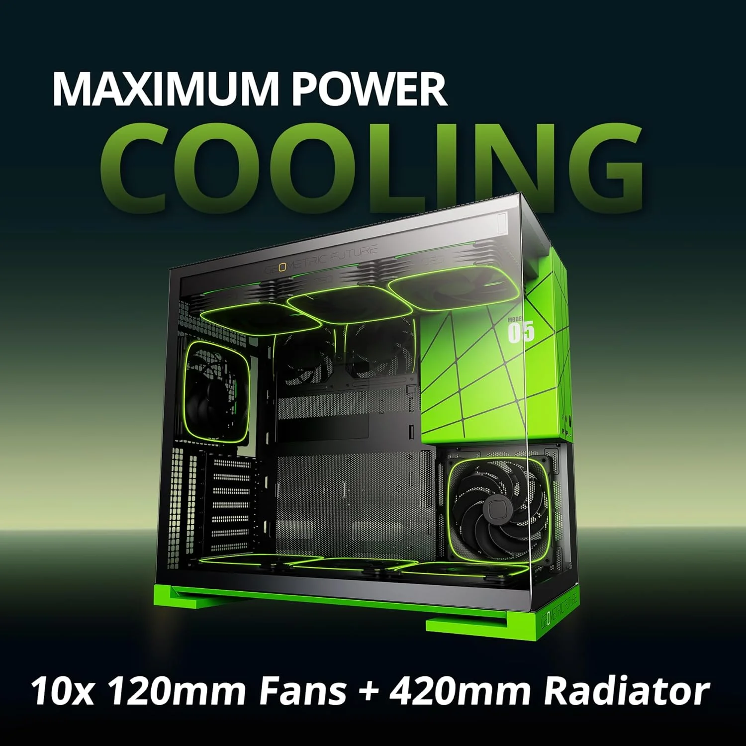 کیس مید تاور شیشه حرارت دیده Geometric Future M5، مناسب مادربردهای E-ATX/ATX، استیل 1.2 میلی‌متری، دارای پورت Type C، پنل‌های بدون نیاز به ابزار، پشتیبانی از رادیاتور 420/360، دارای 5 فن ARGB PWM 140 میلی‌متری از پیش نصب شده، مشکی/سبز، GEO-M5F-BNY