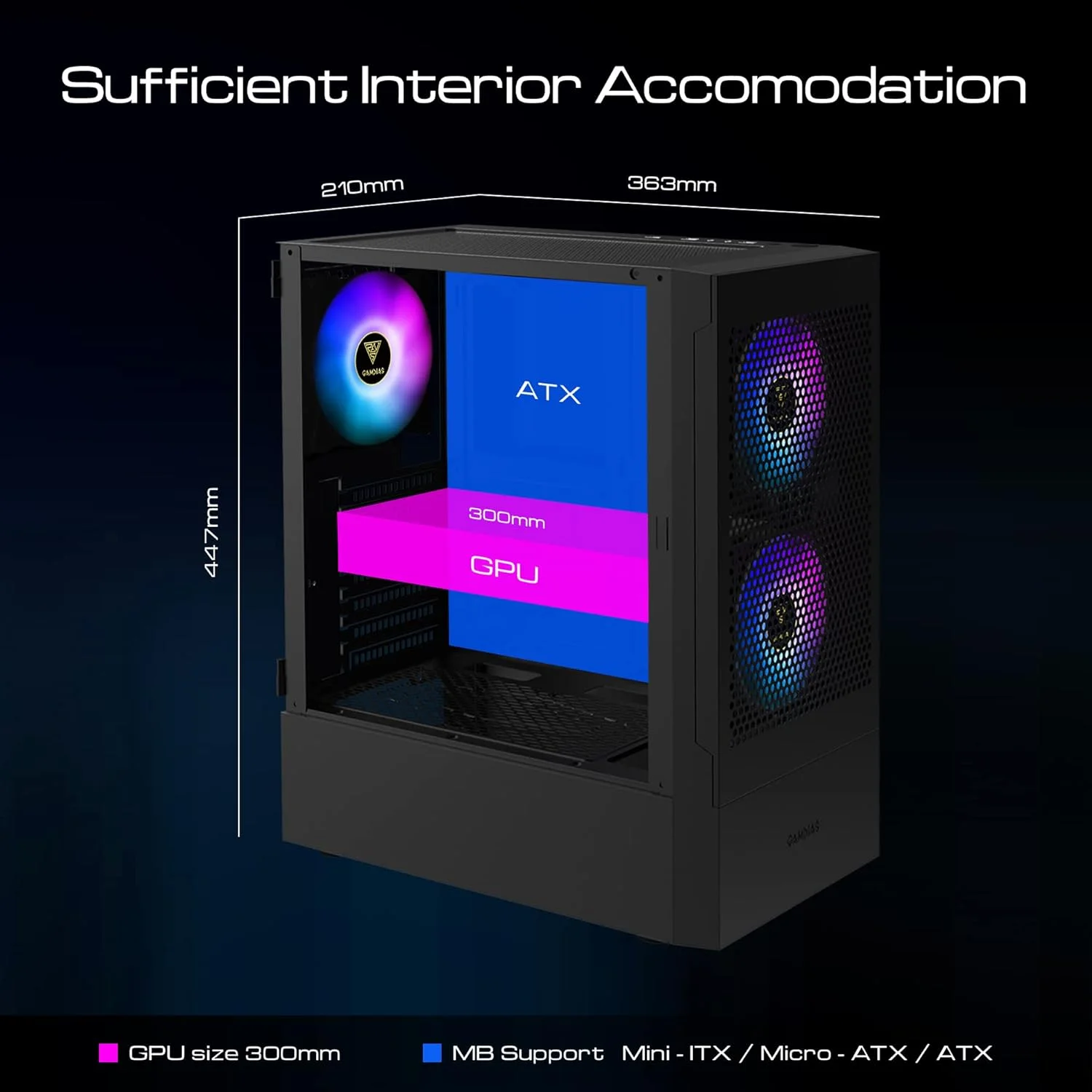 کیس کامپیوتر گیمینگ GAMDIAS ATX Mid Tower با شیشه حرارت دیده، دارای 3 فن ARGB 120 میلی‌متری داخلی، پشتیبانی از AIO/Radiator تا 360 میلی‌متر، 5 فن 120 میلی‌متری، کارت گرافیک 300 میلی‌متری، منبع تغذیه 150 میلی‌متری و خنک کننده پردازنده 160 میلی‌متری