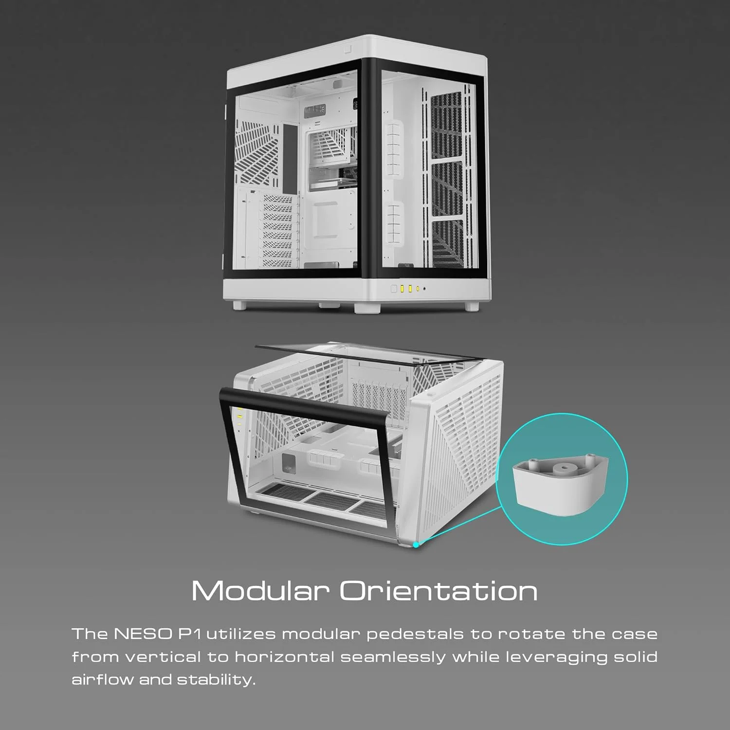 کیس کامپیوتر گیمینگ GAMDIAS RGB با محفظه دوگانه و شیشه حرارت دیده پانوراما؛ قابلیت ایستادن به دو صورت عمودی و افقی با باز شدن با یک لمس؛ پشتیبانی از خنک کننده مایع 420 میلی‌متری و فضای بزرگ مدیریت کابل