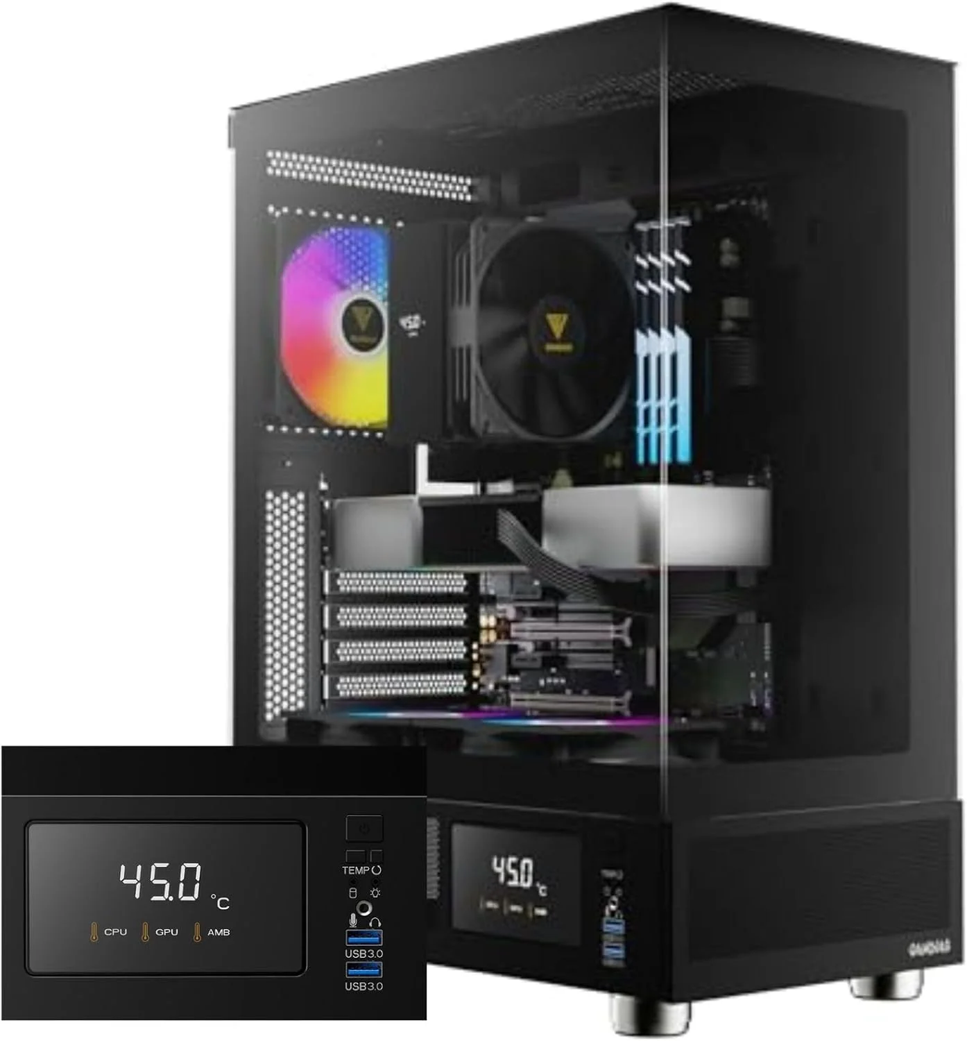 کیس کامپیوتر مید تاور ATX گامدیاس با شیشه حرارت دیده، کیس کامپیوتر مخصوص بازی با نمایشگر LCD دما و 3 فن ARGB 120 میلی متری، پشتیبانی از حداکثر 5 فن، رادیاتور/خنک کننده مایع 240 میلی متری، کارت گرافیک 340 میلی متری، خنک کننده بادی پردازنده 160 میلی متری