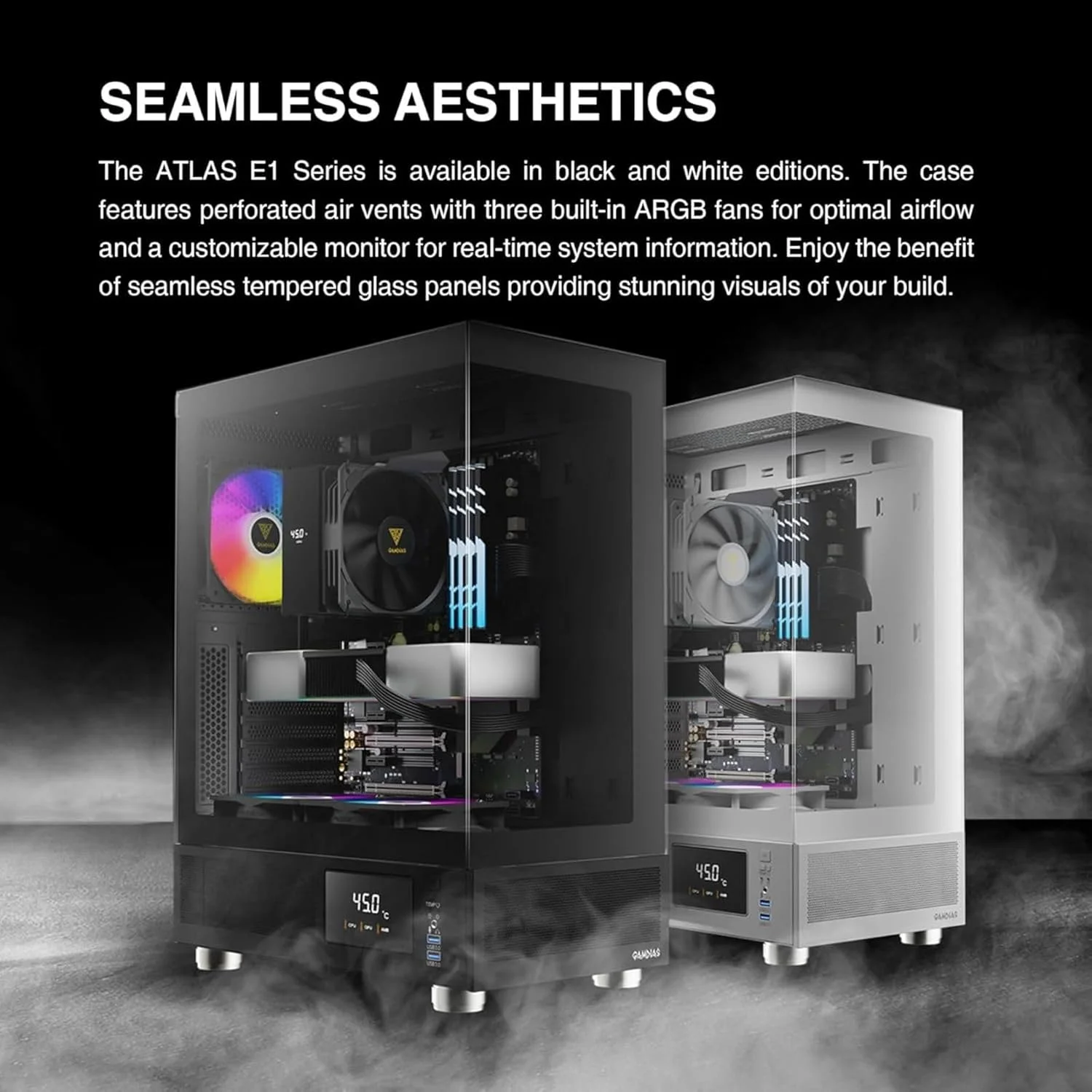 کیس کامپیوتر مید تاور ATX گامدیاس با شیشه حرارت دیده، کیس کامپیوتر مخصوص بازی با نمایشگر LCD دما و 3 فن ARGB 120 میلی متری، پشتیبانی از حداکثر 5 فن، رادیاتور/خنک کننده مایع 240 میلی متری، کارت گرافیک 340 میلی متری، خنک کننده بادی پردازنده 160 میلی متری