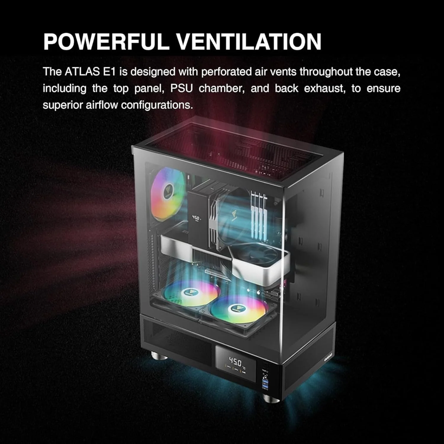 کیس کامپیوتر مید تاور ATX گامدیاس با شیشه حرارت دیده، کیس کامپیوتر مخصوص بازی با نمایشگر LCD دما و 3 فن ARGB 120 میلی متری، پشتیبانی از حداکثر 5 فن، رادیاتور/خنک کننده مایع 240 میلی متری، کارت گرافیک 340 میلی متری، خنک کننده بادی پردازنده 160 میلی متری