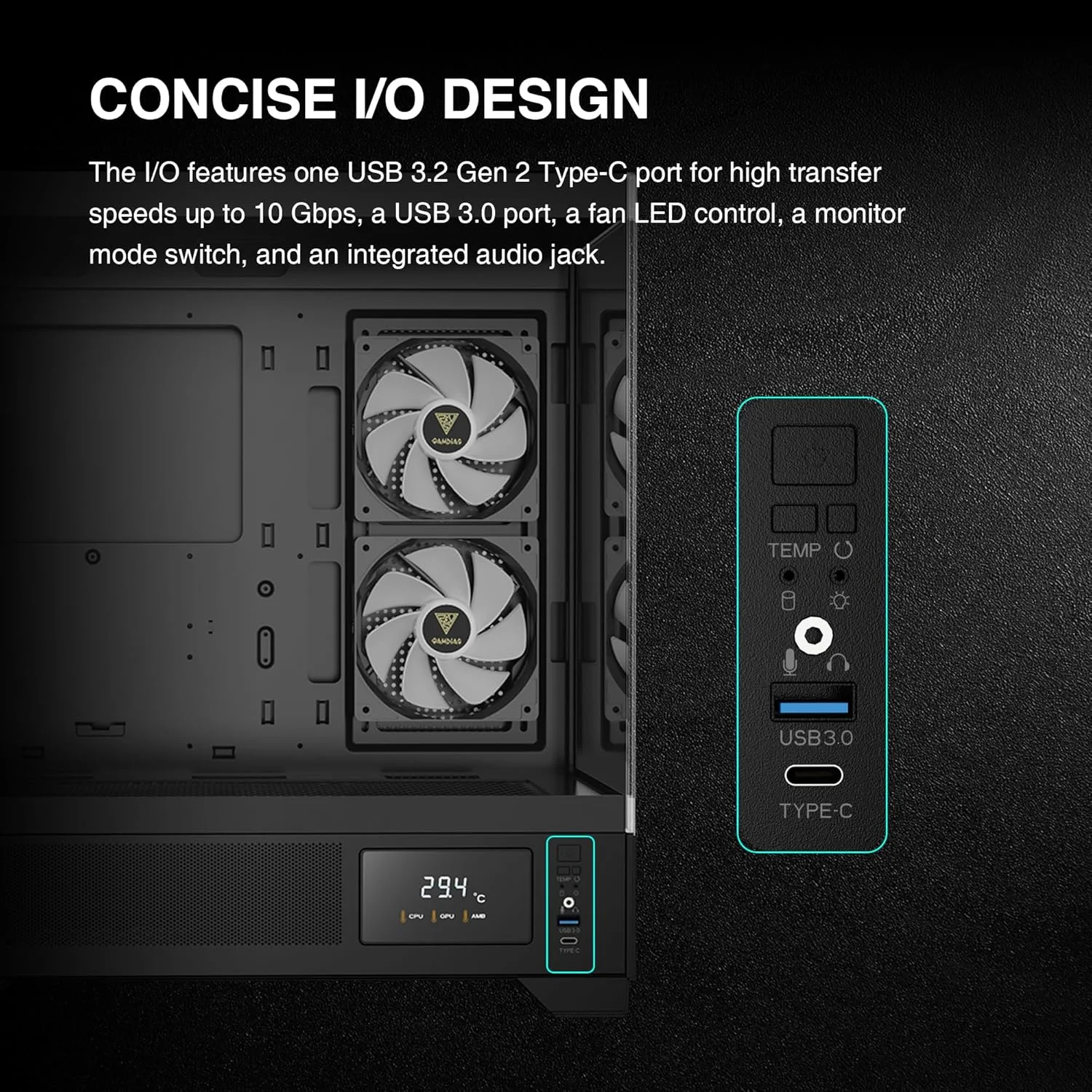 کیس کامپیوتر گیمینگ مید تاور GAMDIAS با نمایشگر و اپلیکیشن، کیس PC شیشه حرارت دیده ATX، دارای 3 فن 120 میلی‌متری ARGB PWM، پشتیبانی از کارت گرافیک RTX 4000 تا 410 میلی‌متر، رادیاتور AIO 360 میلی‌متری، 6 فن 120 میلی‌متری و کولر CPU 160 میلی‌متری