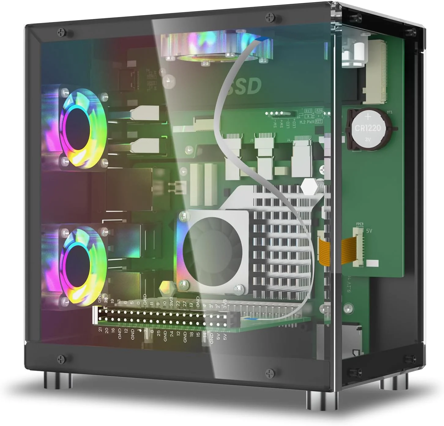 محفظه مینی کامپیوتر Elecrow برای رزبری پای 5 - محفظه آلومینیومی با 3 فن خنک کننده، نمایشگر OLED 1.3 اینچی، پشتیبانی از PCIe M.2 NVMe SSD 2230/2242/2260/2280، RTC، دسترسی کامل به پورت ها، محفظه جمع و جور همه کاره