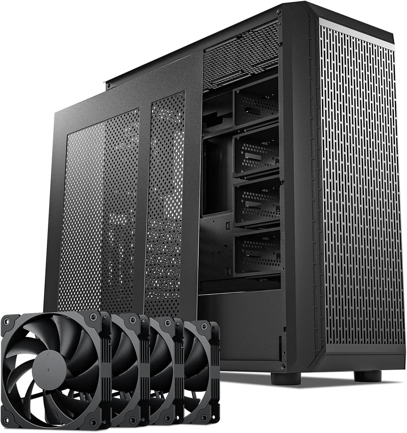 کیس کامپیوتر DARKROCK Classico Storage Master ATX NAS Mid Tower با 4 فن 120 میلی‌متری، USB 3.0، قابلیت نصب 10 هارد 3.5 اینچی + 3 اس اس دی 2.5 اینچی، پشتیبانی از رادیاتور 360 میلی‌متری در بالا و جلو، نصب عمودی کارت گرافیک - مشکی