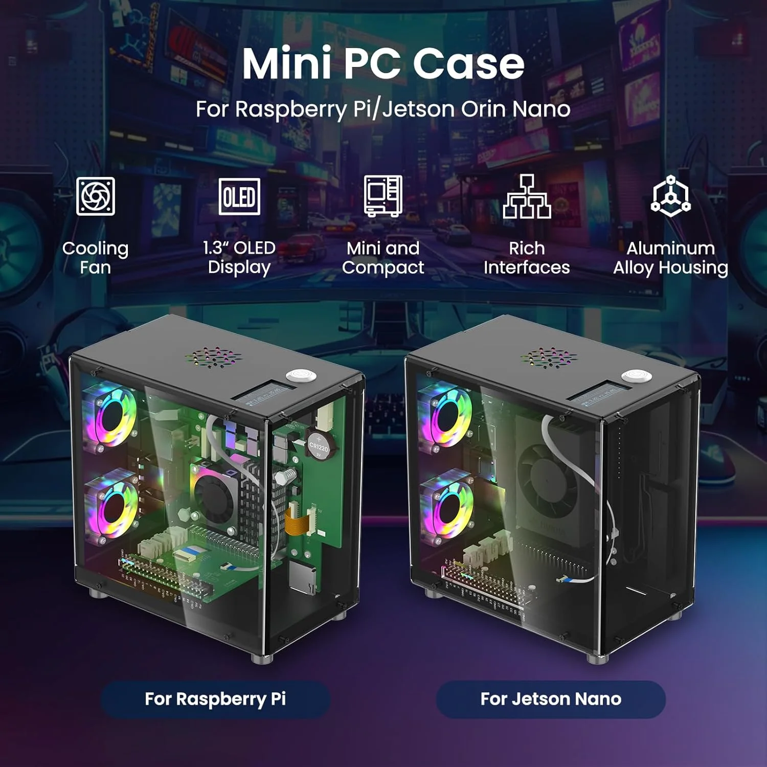 محفظه مینی کامپیوتر Elecrow برای رزبری پای 5 - محفظه آلومینیومی با 3 فن خنک کننده، نمایشگر OLED 1.3 اینچی، پشتیبانی از PCIe M.2 NVMe SSD 2230/2242/2260/2280، RTC، دسترسی کامل به پورت ها، محفظه جمع و جور همه کاره