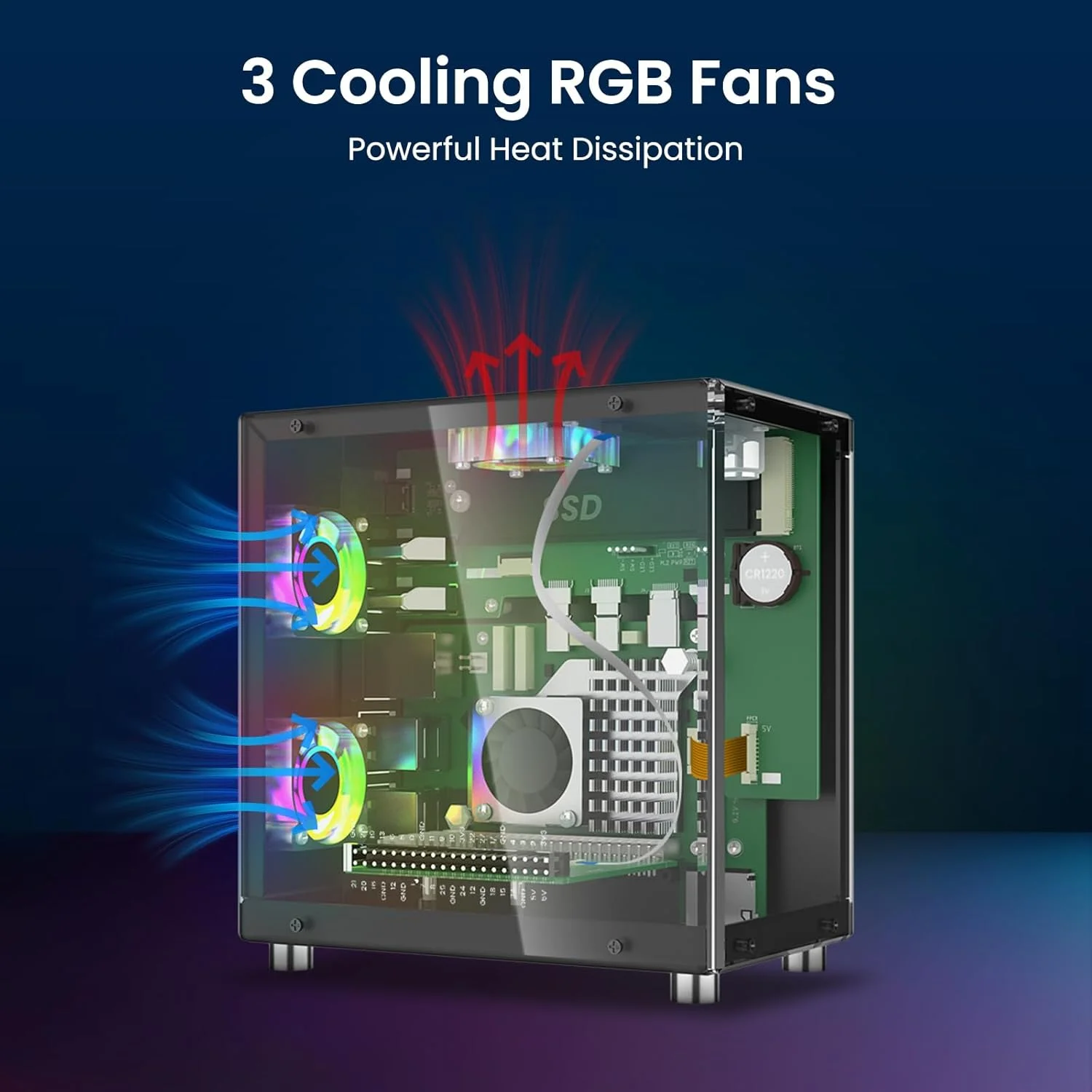 محفظه مینی کامپیوتر Elecrow برای رزبری پای 5 - محفظه آلومینیومی با 3 فن خنک کننده، نمایشگر OLED 1.3 اینچی، پشتیبانی از PCIe M.2 NVMe SSD 2230/2242/2260/2280، RTC، دسترسی کامل به پورت ها، محفظه جمع و جور همه کاره