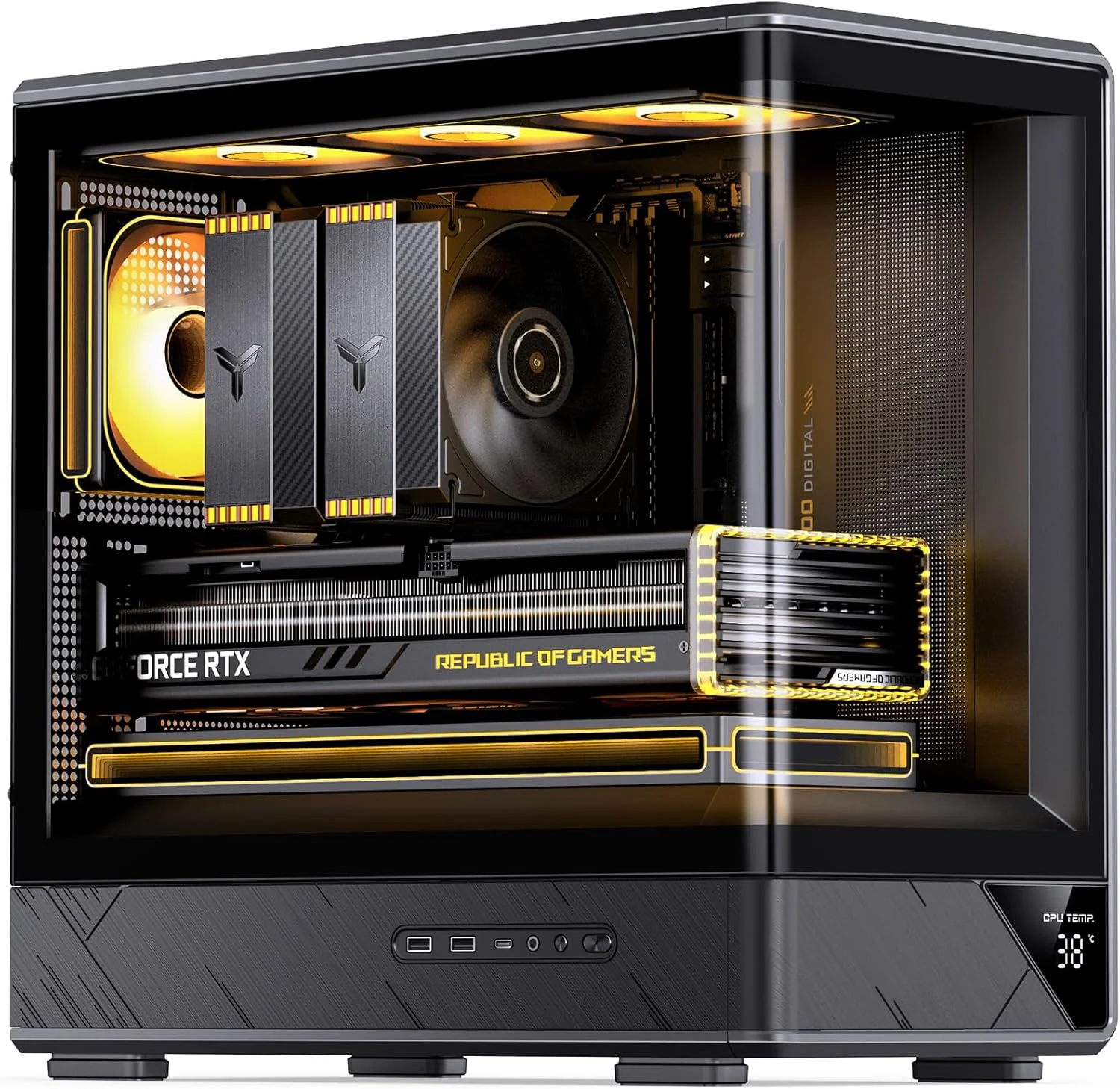 کیس کامپیوتر مشکی JONSBO D200 Micto ATX، صفحه نمایش دیجیتال، طراحی رومیزی شیشه ای منحنی یک تکه با دید فوق عریض 270 درجه، منبع تغذیه ATX / دوگانه 240 AIO، کارت گرافیک <410mm، 7 موقعیت فن، مشکی کیس کامپیوتر مشکی JONSBO D200 Micto ATX، صفحه نمایش دیجیتال، طراحی رومیزی شیشه ای منحنی یک تکه با دید فوق عریض 270 درجه، منبع تغذیه ATX / دوگانه 240 AIO، کارت گرافیک <410mm، 7 موقعیت فن، مشکی