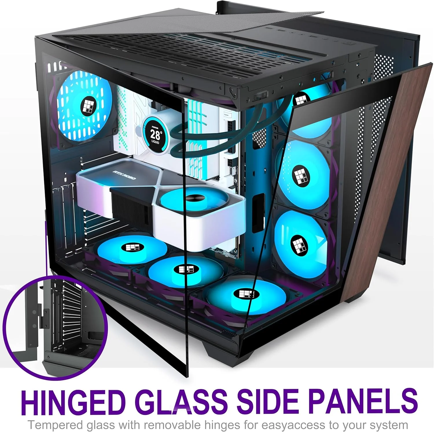 کیس کامپیوتر M9 - چوب گردوی اصل، دارای 7 فن PWM ARGB از پیش نصب شده، کیس کامپیوتر گیمینگ ATX Mid-Tower، شیشه پانورامای 270 درجه، Type-C، مشکی، FOIFKIN (مشکی، 7 فن)