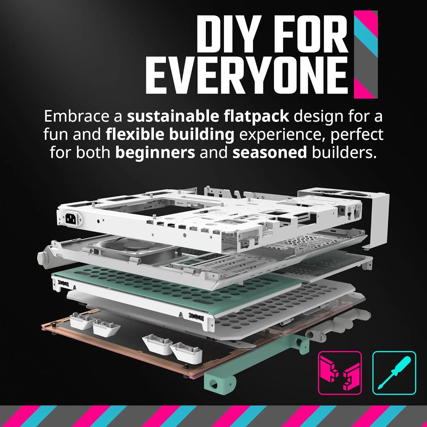 کیس میدتاور ATX گیمینگ کولر مستر QUBE 500 Flatpack Macaron با جریان هوای بالا، قابل تنظیم، شیشه حرارت دیده، نصب عمودی کارت گرافیک، فضای 365 میلی‌متری کارت گرافیک، USB-C، دسته حمل، Gem Mini