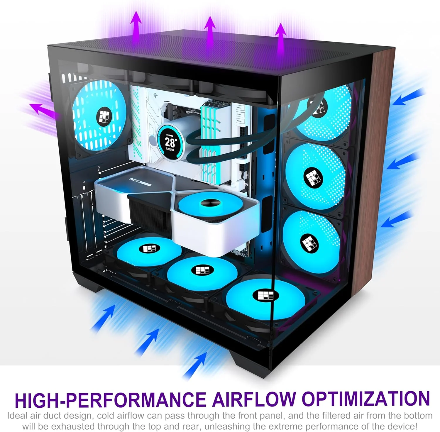 کیس کامپیوتر M9 - چوب گردوی اصل، دارای 7 فن PWM ARGB از پیش نصب شده، کیس کامپیوتر گیمینگ ATX Mid-Tower، شیشه پانورامای 270 درجه، Type-C، مشکی، FOIFKIN (مشکی، 7 فن)