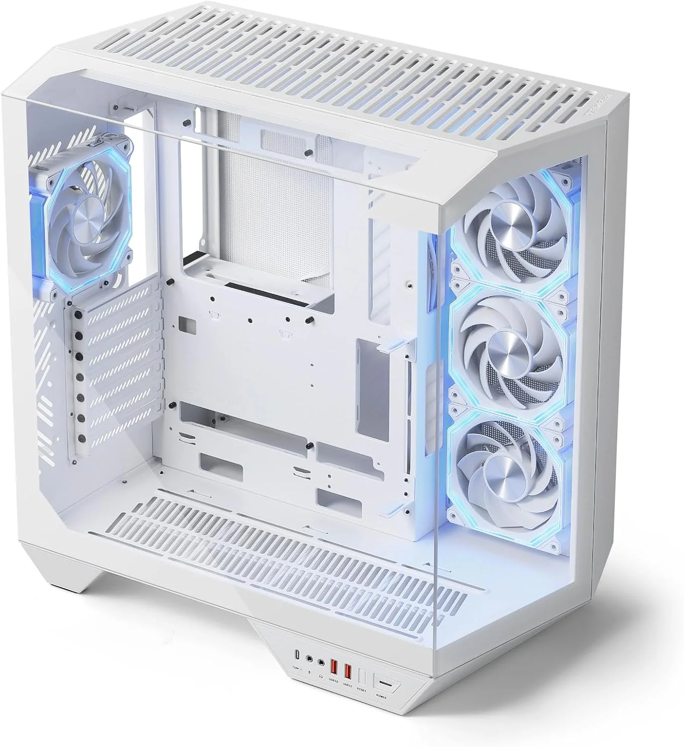 کیس کامپیوتر گیمینگ فول تاور ATX دارک فلش، مادربرد پشتی، نصب عمودی GPU، دو محفظه، شیشه پانوراما، تا 2 رادیاتور 360 میلی متری، سازگار با RTX 40 (DY470) (4 فن PWM ARGB، سفید)