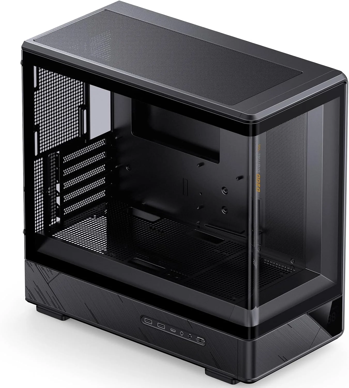 کیس کامپیوتر مشکی JONSBO D200 Micto ATX، صفحه نمایش دیجیتال، طراحی رومیزی شیشه ای منحنی یک تکه با دید فوق عریض 270 درجه، منبع تغذیه ATX / دوگانه 240 AIO، کارت گرافیک <410mm، 7 موقعیت فن، مشکی