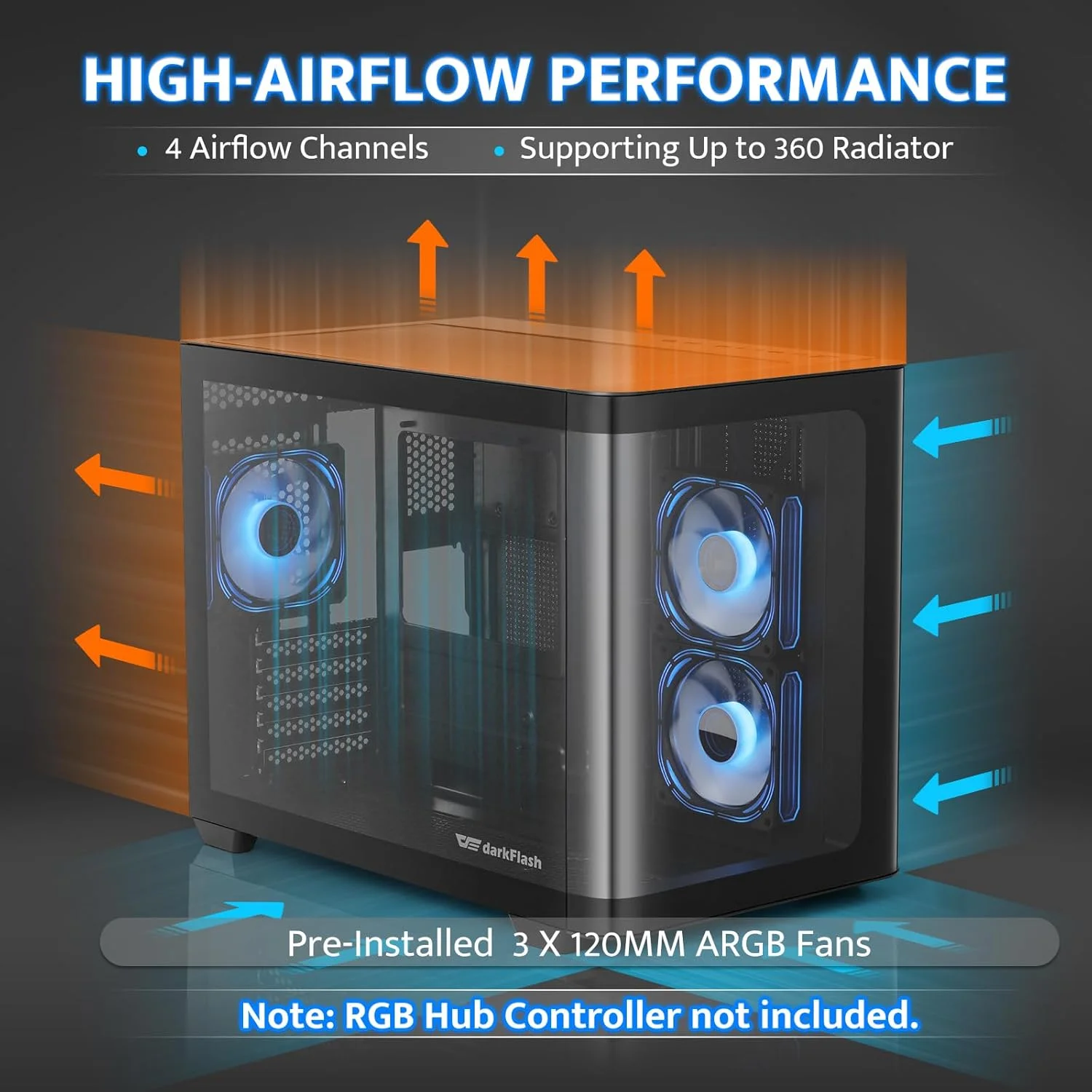 کیس کامپیوتر گیمینگ Micro-ATX دارک فلش، کیس کامپیوتر MATX با 3 فن 120 میلی‌متری ARGB، نمای پانوراما شیشه ای دوگانه خمیده، پورت USB 3.0، پشتیبانی از AIO دوگانه 360 میلی‌متری، مشکی (DPW90M)