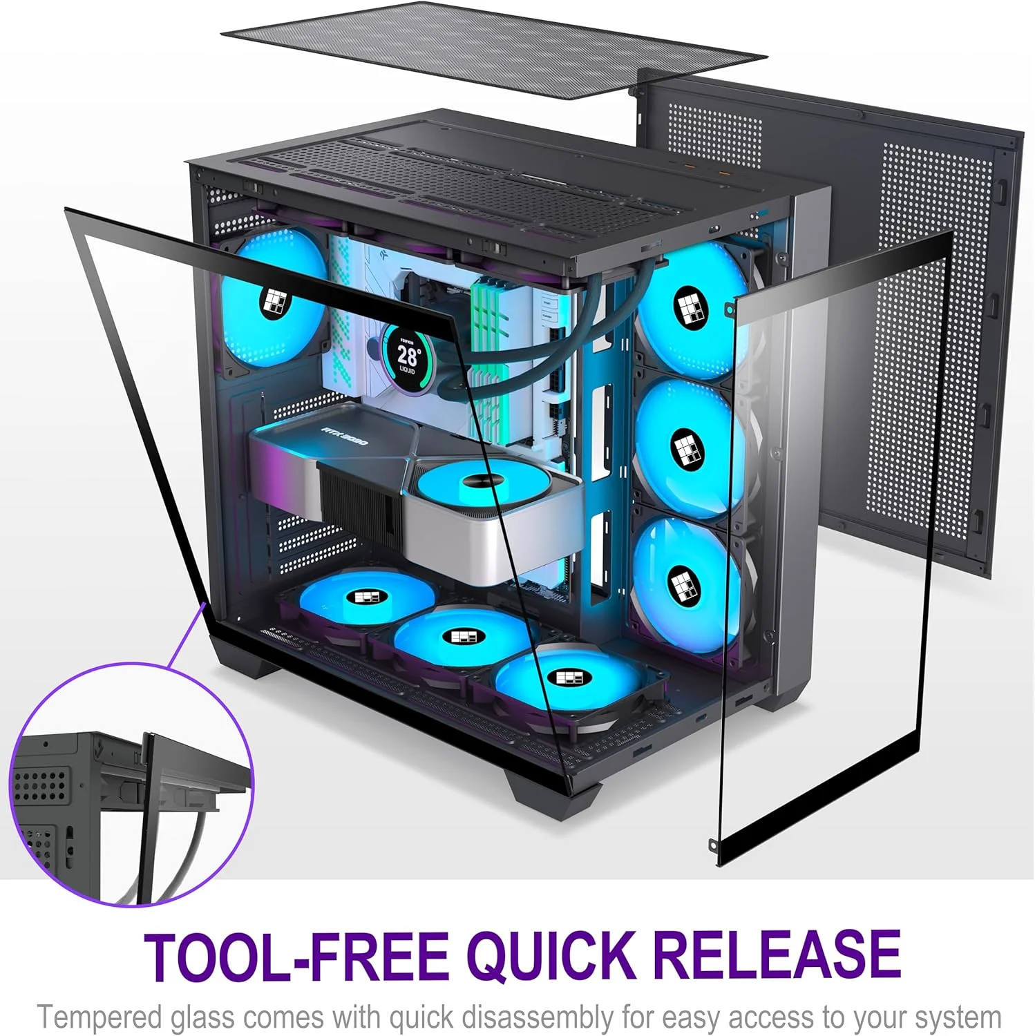 کیس کامپیوتر F600 - دارای 7 فن PWM ARGB از پیش نصب شده، کیس کامپیوتر گیمینگ ATX Mid-Tower، شیشه پانورامای 270 درجه با Type-C، FOIFKIN (مشکی، F600)