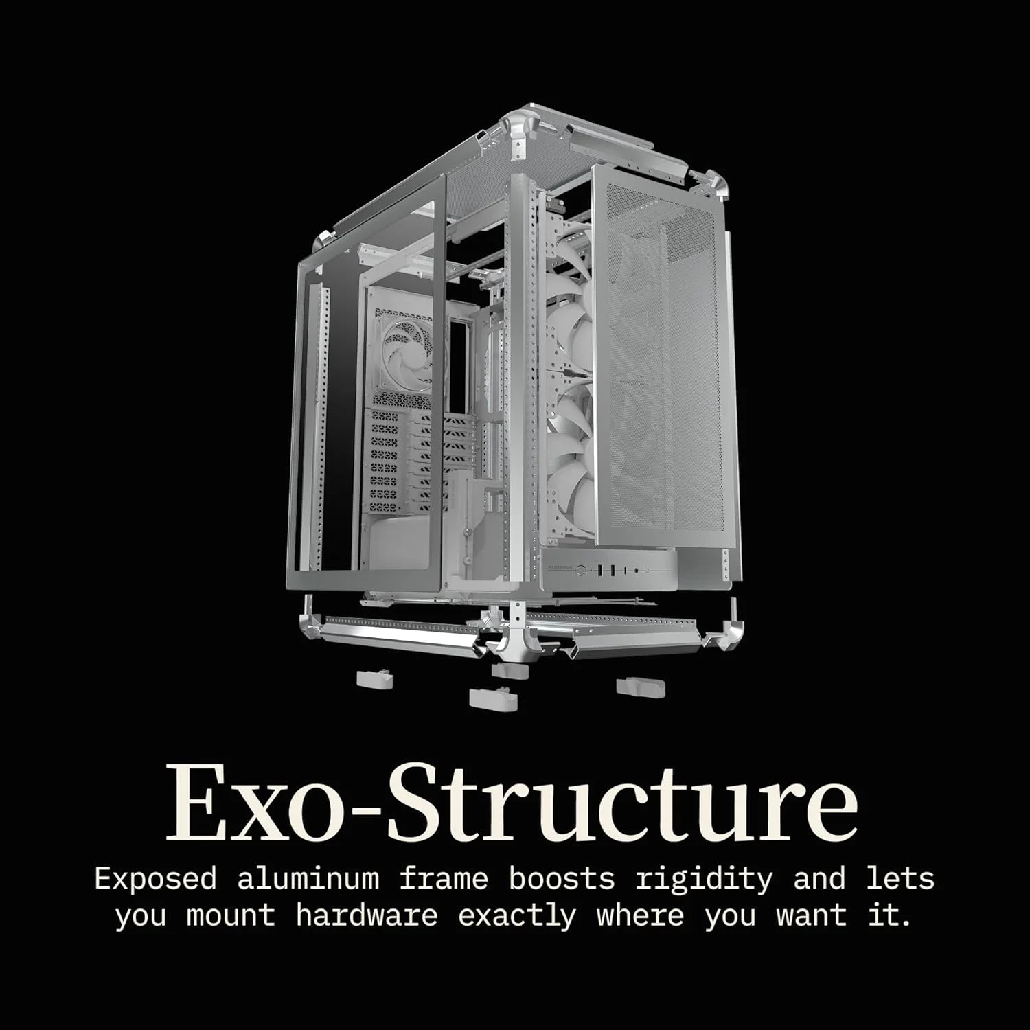 کیس میدتاور ATX کولر مستر MasterFrame 500 Mesh aRGB نقره ای، پلتفرم ماژولار Freeform 2.0، فریم آلومینیومی، دو فن 200 میلی متری aRGB، حداکثر طول کارت گرافیک 390 میلی متر، حداکثر رادیاتور خنک کننده مایع 360 میلی متر، پورت Type C، شیشه حرارت دیده