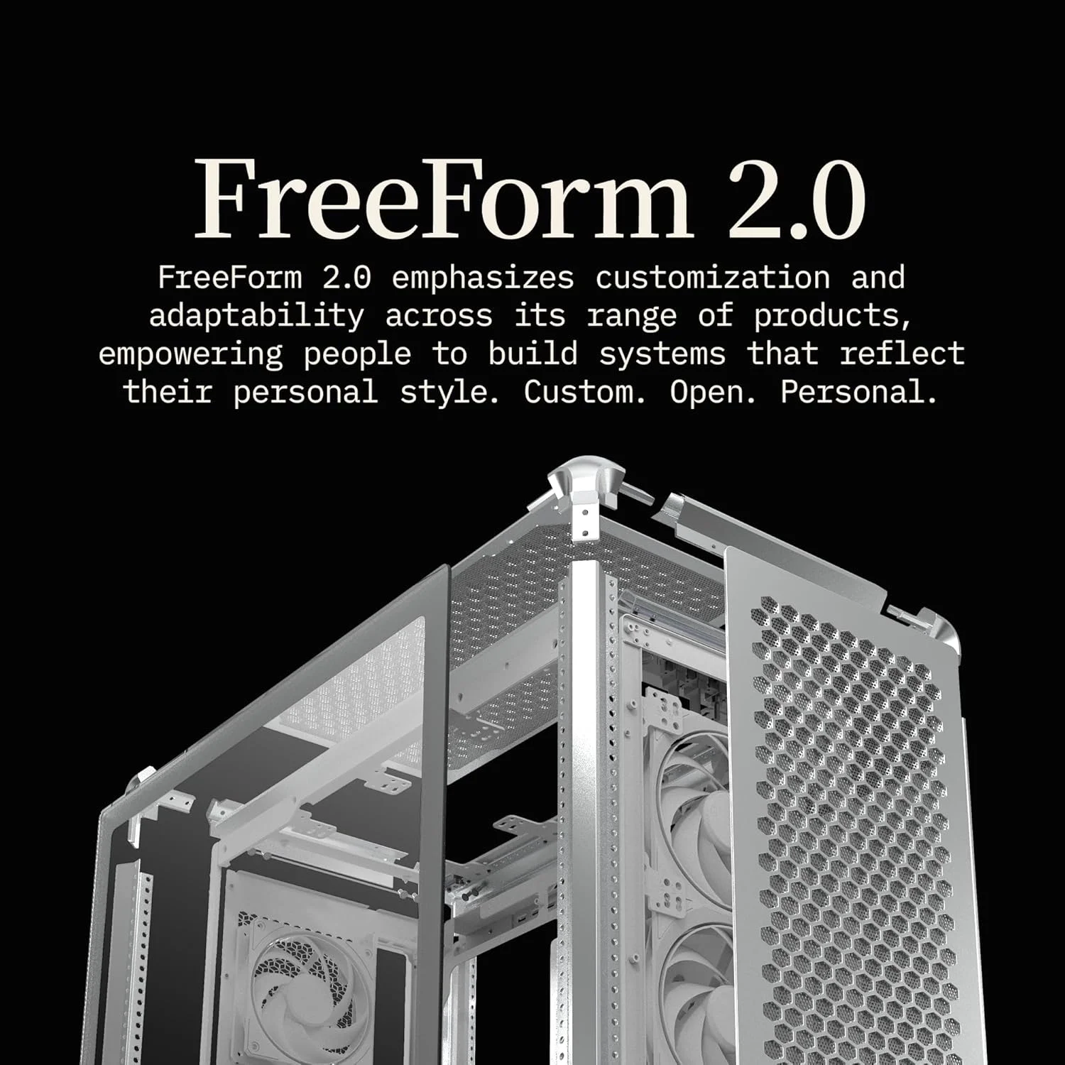کیس مید تاور ATX کولر مستر MasterFrame 600 نقره ای، پلتفرم ماژولار FreeForm 2.0، فریم آلومینیومی، پنل های جانبی مغناطیسی، فضای داخلی قابل تنظیم، حداکثر طول کارت گرافیک 410 میلی متر، حداکثر طول خنک کننده مایع 420 میلی متر، پورت Type C، شیشه حرارت دیده