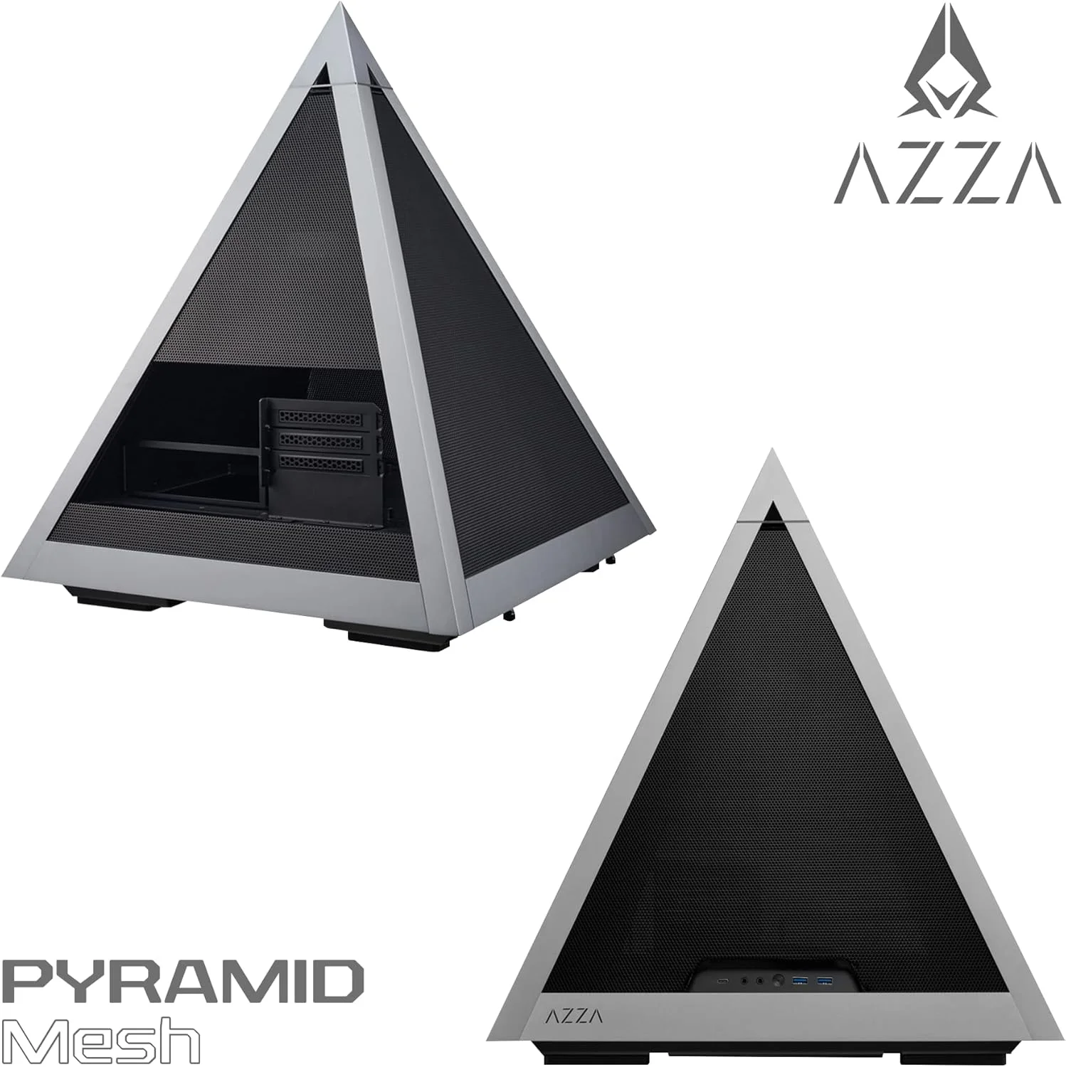 کیس کامپیوتر هرمی مشبک AZZA - محفظه هرمی ATX با پنل های مشبک و فریم آلومینیومی آنودایز شده، پشتیبانی از مادربرد E-ATX و رادیاتور 360 میلی متری، فن ARGB Apex 120 میلی متری - کابل رایزر PCI-e 4.0 x16 و نگهدارنده کارت گرافیک