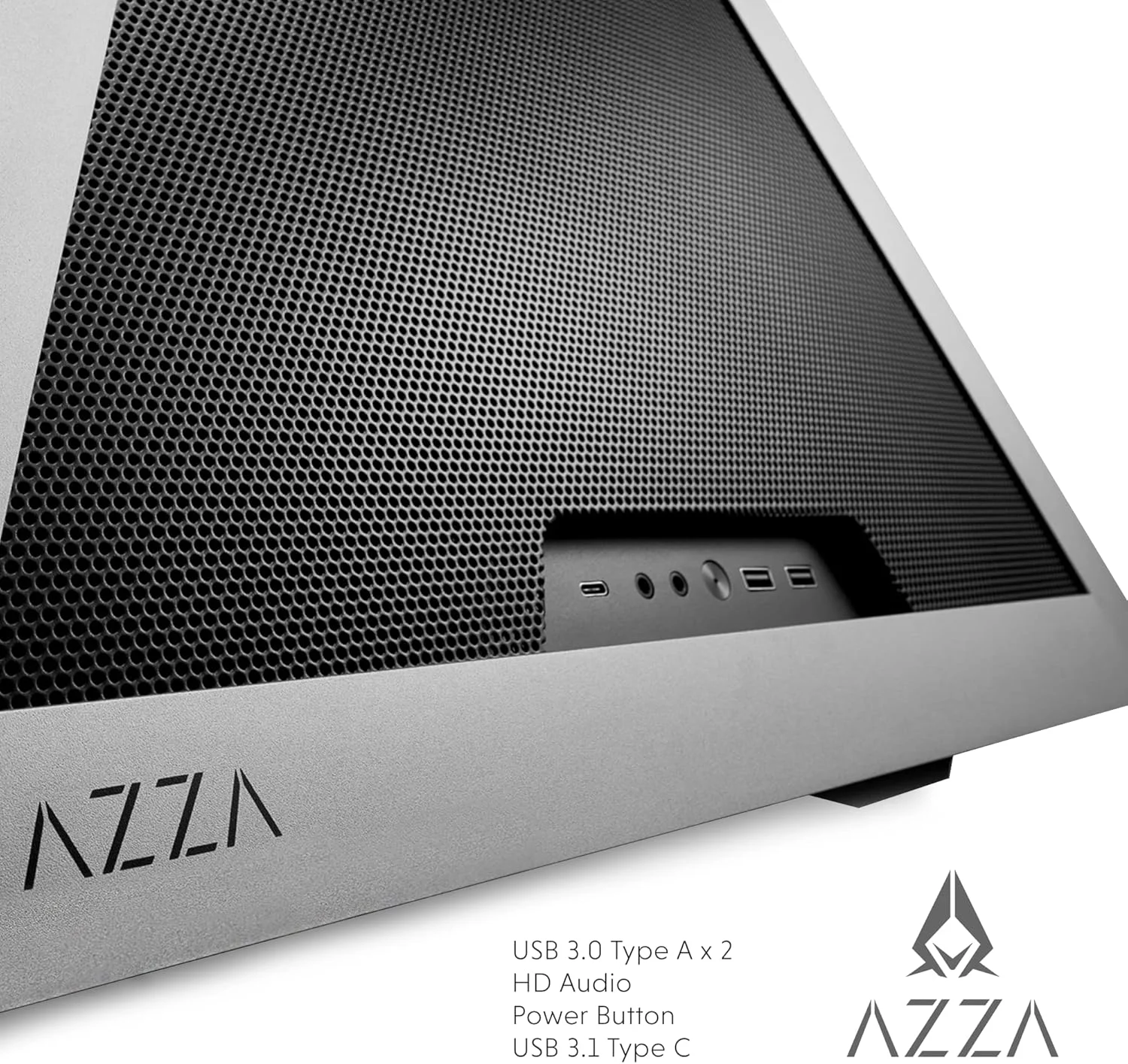 کیس کامپیوتر هرمی مشبک AZZA - محفظه هرمی ATX با پنل های مشبک و فریم آلومینیومی آنودایز شده، پشتیبانی از مادربرد E-ATX و رادیاتور 360 میلی متری، فن ARGB Apex 120 میلی متری - کابل رایزر PCI-e 4.0 x16 و نگهدارنده کارت گرافیک