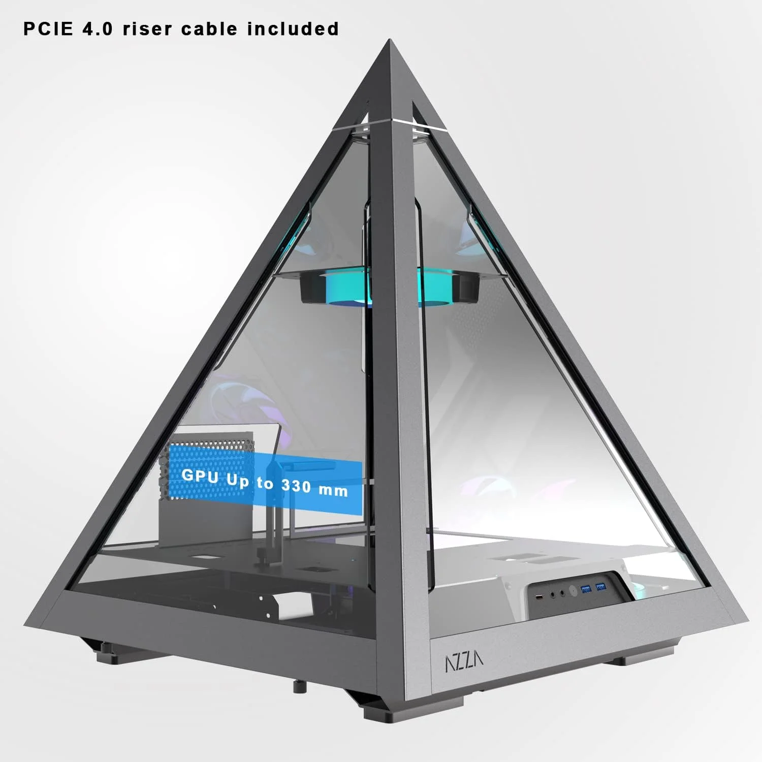 کیس کامپیوتر گیمینگ AZZA Pyramid L PCIE 4.0 - بدنه شیشه حرارت دیده در تمام جوانب - کیس مید تاور ATX - دارای پورت USB Type-C در پنل جلویی - شامل یک فن 120 میلی متری AZZA Hurricane III ARGB