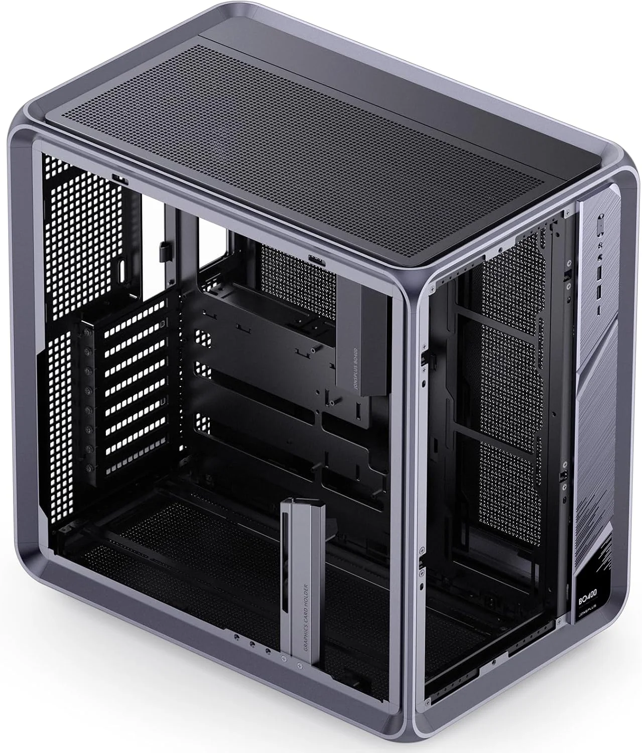 کیس کامپیوتر مید تاور JONSBO BO400 ATX، فریم آلومینیومی، اتصال پشتی MB، کیس کامپیوتر دو محفظه گیمینگ با قابلیت بالا، GPU 435mm/PSU 200mm/AIO360x3، صفحه نمایش رومیزی شیشه ای/مش قابل تعویض بالا و جلو