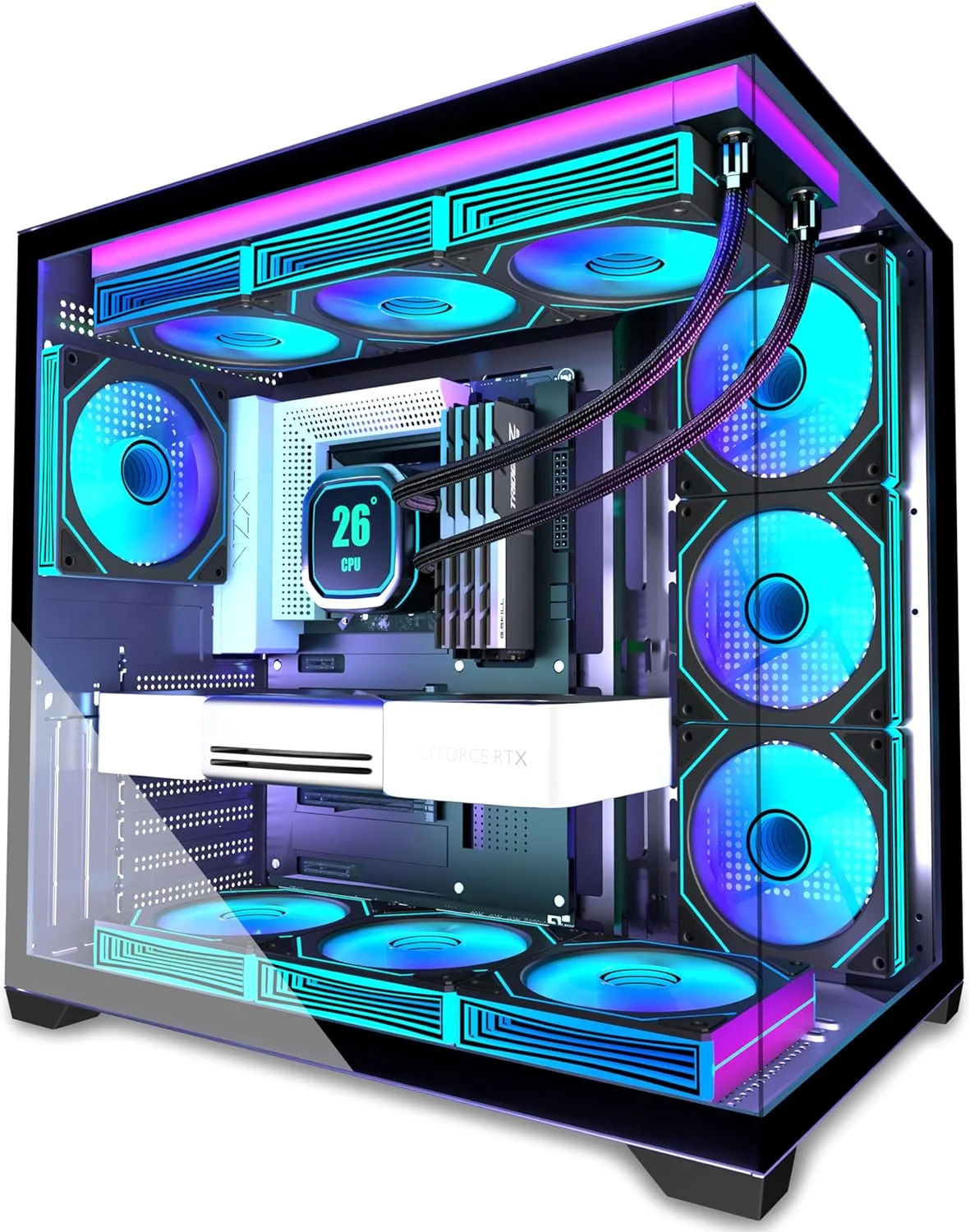 کیس کامپیوتر با ۹ فن ARGB PWM از پیش نصب شده، کیس کامپیوتر گیمینگ Mid-Tower، کیس کامپیوتر شیشه ای حرارت دیده پانوراما با Type-C، پشتیبانی از رادیاتور ۳۶۰ میلی متری، مشکی، H09