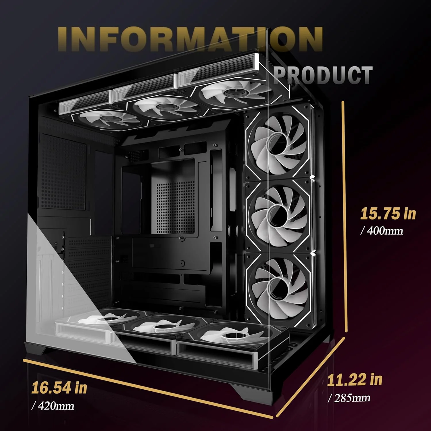 کیس کامپیوتر با ۹ فن ARGB PWM از پیش نصب شده، کیس کامپیوتر گیمینگ Mid-Tower، کیس کامپیوتر شیشه ای حرارت دیده پانوراما با Type-C، پشتیبانی از رادیاتور ۳۶۰ میلی متری، مشکی، H09