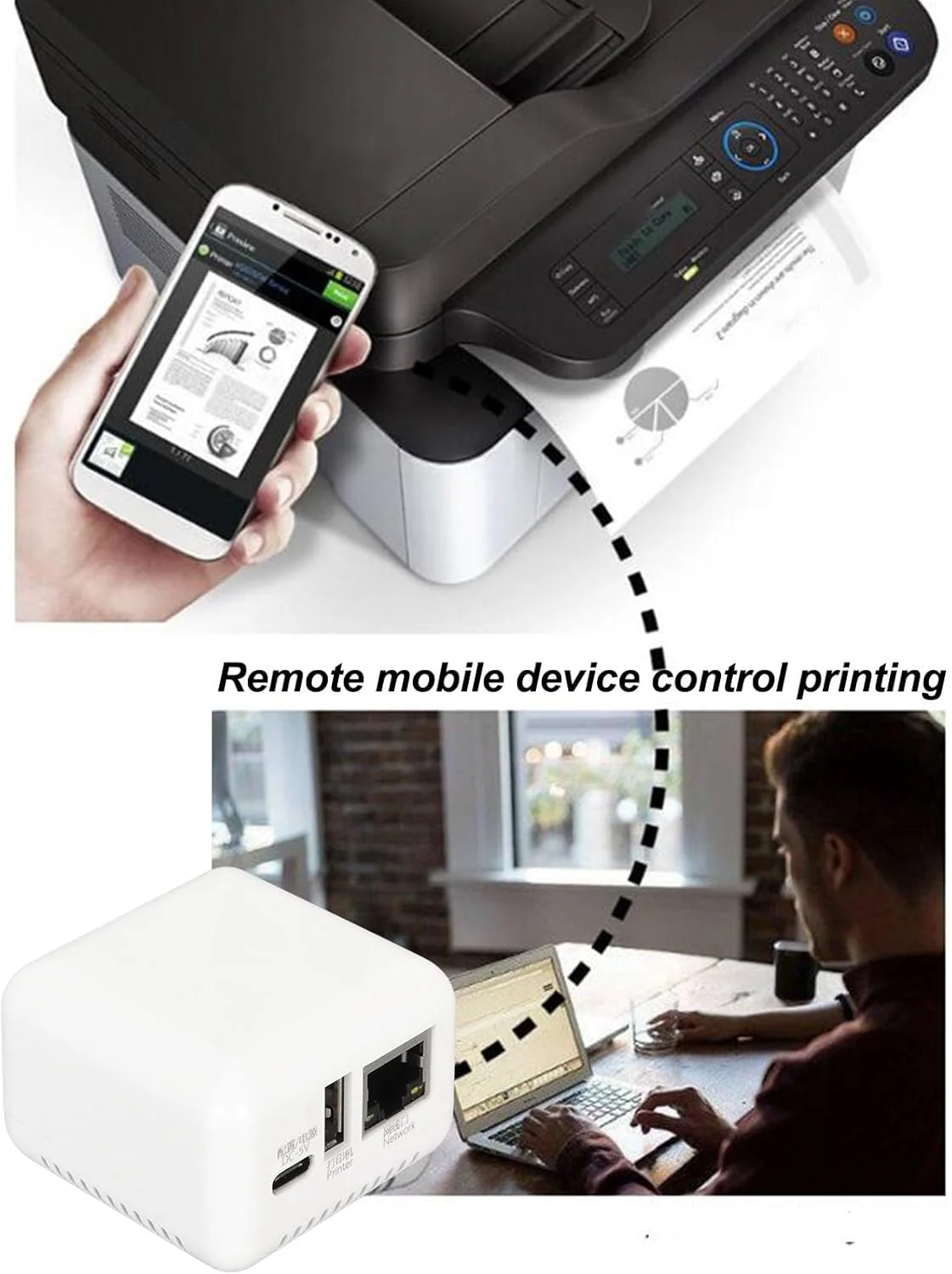 سرور چاپگر شبکه USB 2.0 اشاتا، سرور اشتراک چاپ LAN برای چاپگرهای USB، سرور چاپگر با منبع تغذیه Type C، برای لینوکس 3.4 و اندروید (دوشاخه آمریکایی)