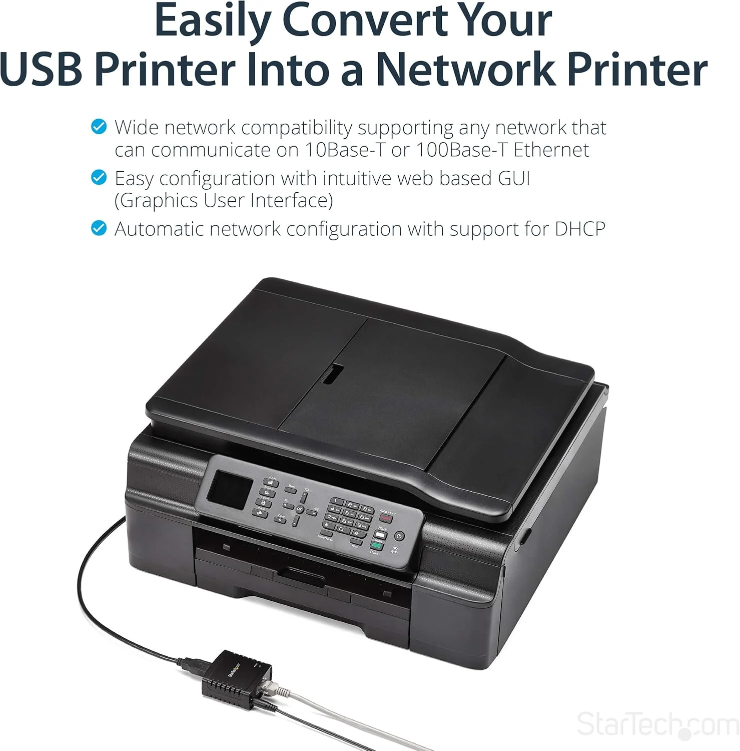 سرور چاپگر شبکه اترنت 10/100 مگابیت بر ثانیه به USB 2.0 استار تک - ویندوز 10 - LPR - آداپتور سرور چاپگر USB LAN (PM1115U2)