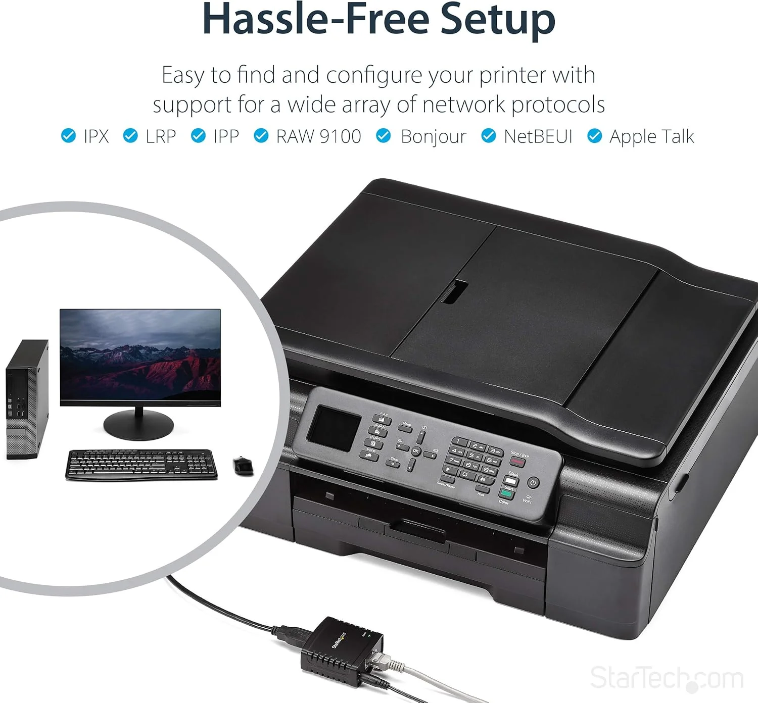 سرور چاپگر شبکه اترنت 10/100 مگابیت بر ثانیه به USB 2.0 استار تک - ویندوز 10 - LPR - آداپتور سرور چاپگر USB LAN (PM1115U2)