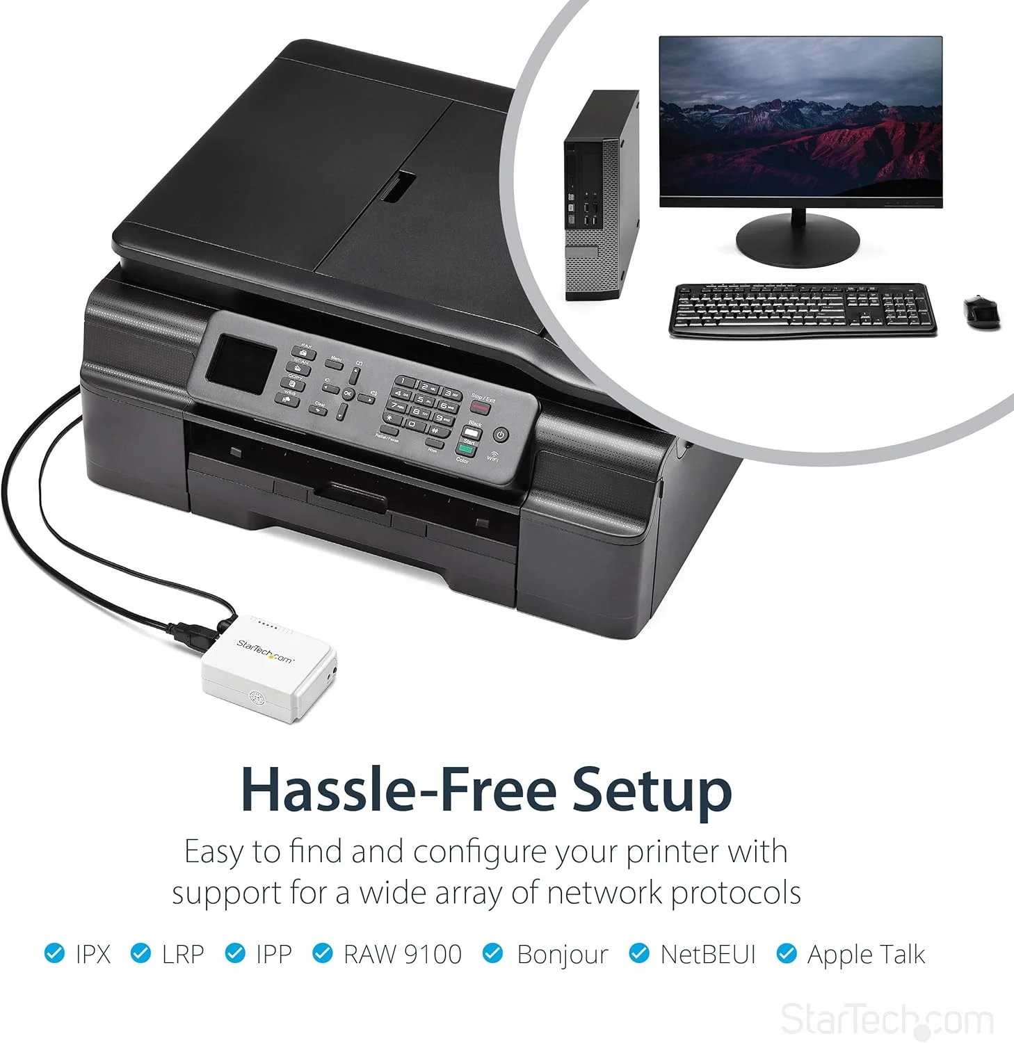 سرور چاپگر شبکه USB 2.0 بی‌سیم N تک پورت StarTech.com - آداپتور سرور چاپگر اترنت USB 10/100 مگابیت بر ثانیه - ویندوز 10 - 802.11 b/g/n , TAA (PM1115UW)