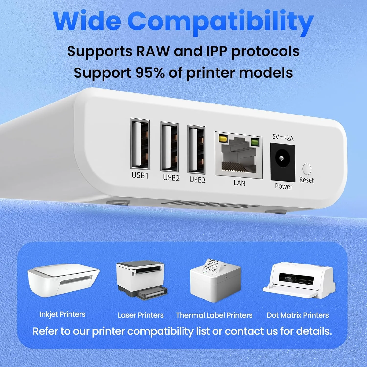 سرور چاپ بی‌سیم برای به اشتراک گذاری 3 چاپگر USB از طریق شبکه محلی، راه اندازی آسان، پشتیبانی از چاپ تصویر و متن، سازگار با تمام چاپگرهای پشتیبانی شده RAW و IPP مدل LK300W.