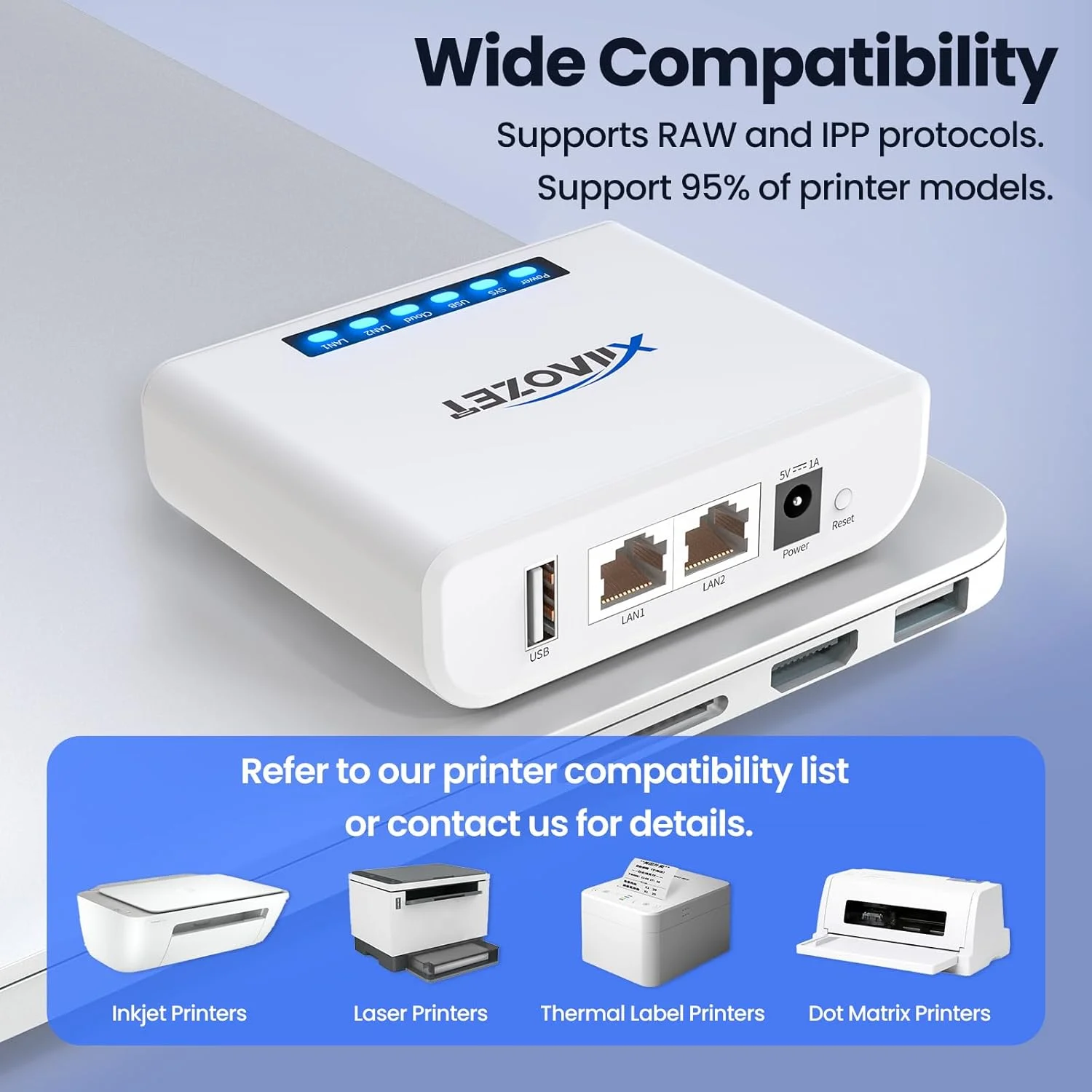 سرور پرینت بی‌سیم، اشتراک‌گذاری یک پرینتر بین چندین کامپیوتر با پورت USB2.0 سازگاری گسترده، تبدیل پرینتر به بی‌سیم، پشتیبانی از اتصال اترنت و وای‌فای LK100W