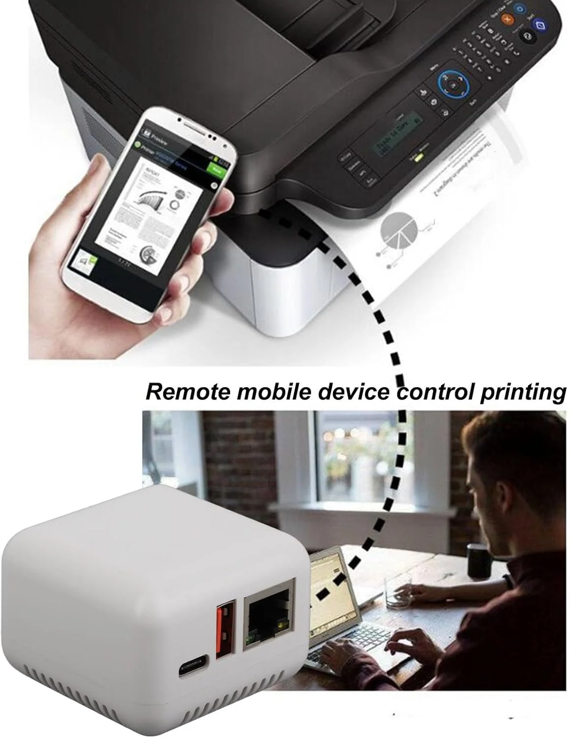 آداپتور سرور چاپگر شبکه USB 2.0، پشتیبانی از چاپ تصویر، شارژ نوع C، پورت USB چاپگر، آداپتور سرور چاپگر کامپیوتر، پلاگین و پخش، 100-240 ولت (دوشاخه آمریکایی)