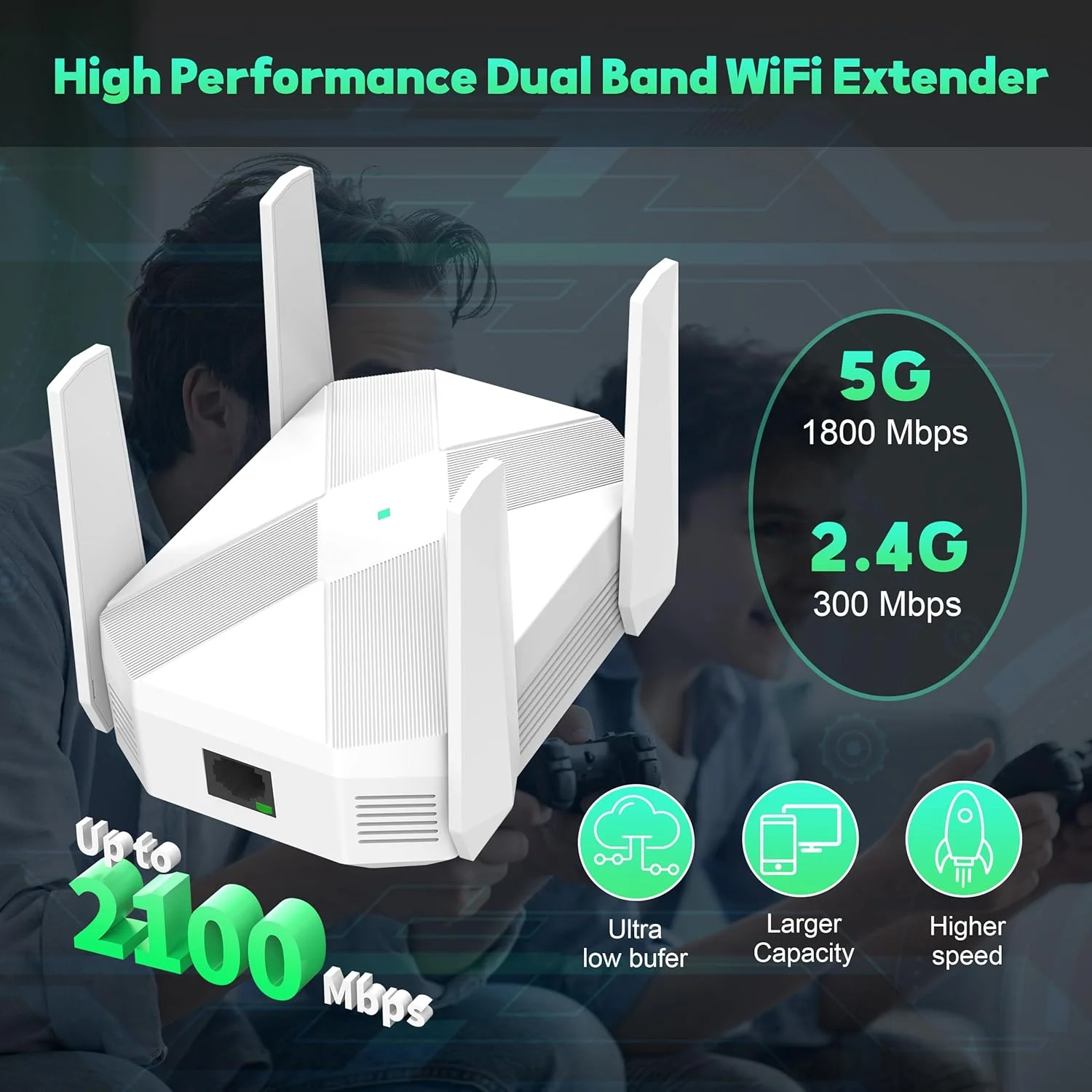 تقویت کننده وای فای 2100Mbps برای خانه، پوشش دهی تا 13000 فوت مربع و پشتیبانی از 100+ دستگاه، تکرار کننده اینترنت بی سیم دو بانده با پوشش کامل 360 درجه