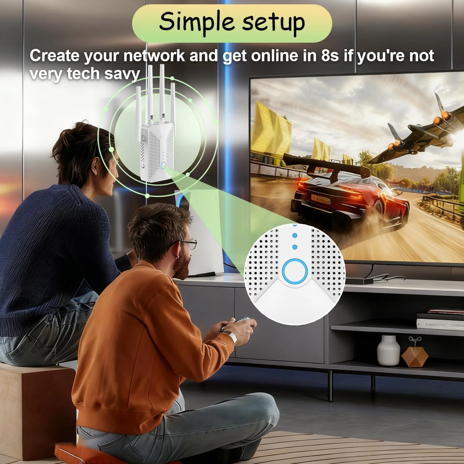 تقویت کننده سیگنال وای فای 5.8G/2.4GHz: تکرار کننده اینترنت دو بانده 1200M با برد طولانی پوشش تا 12980 فوت مربع و 108 دستگاه برای خانه