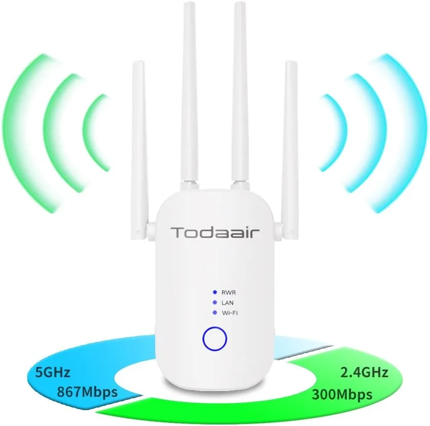 تقویت کننده سیگنال وای فای 1200 مگابیت بر ثانیه، پوشش دهی تا 3500 فوت مربع و 35 دستگاه، تکرار کننده وای فای دو بانده 2.4 و 5 گیگاهرتز با پورت اترنت/LAN