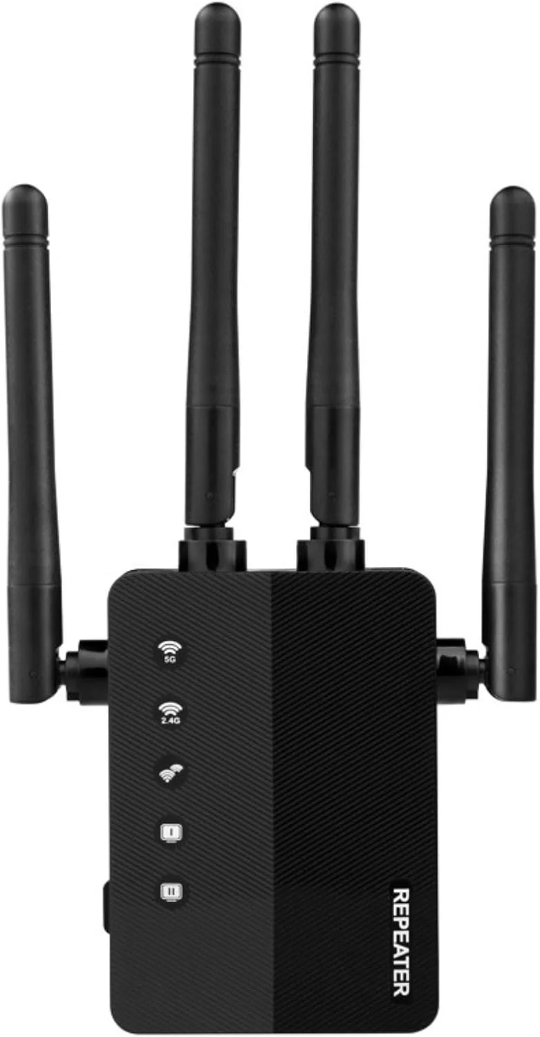 تقویت کننده وای فای دو بانده AC 100~240V با حداکثر سرعت 1200 مگابیت بر ثانیه، دارای 4 آنتن با نفوذ قوی برای تقویت سیگنال شبکه دوربین مداربسته، تلویزیون و کامپیوتر