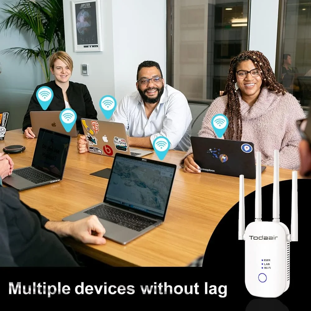 تقویت کننده سیگنال وای فای 1200 مگابیت بر ثانیه، پوشش دهی تا 3500 فوت مربع و 35 دستگاه، تکرار کننده وای فای دو بانده 2.4 و 5 گیگاهرتز با پورت اترنت/LAN