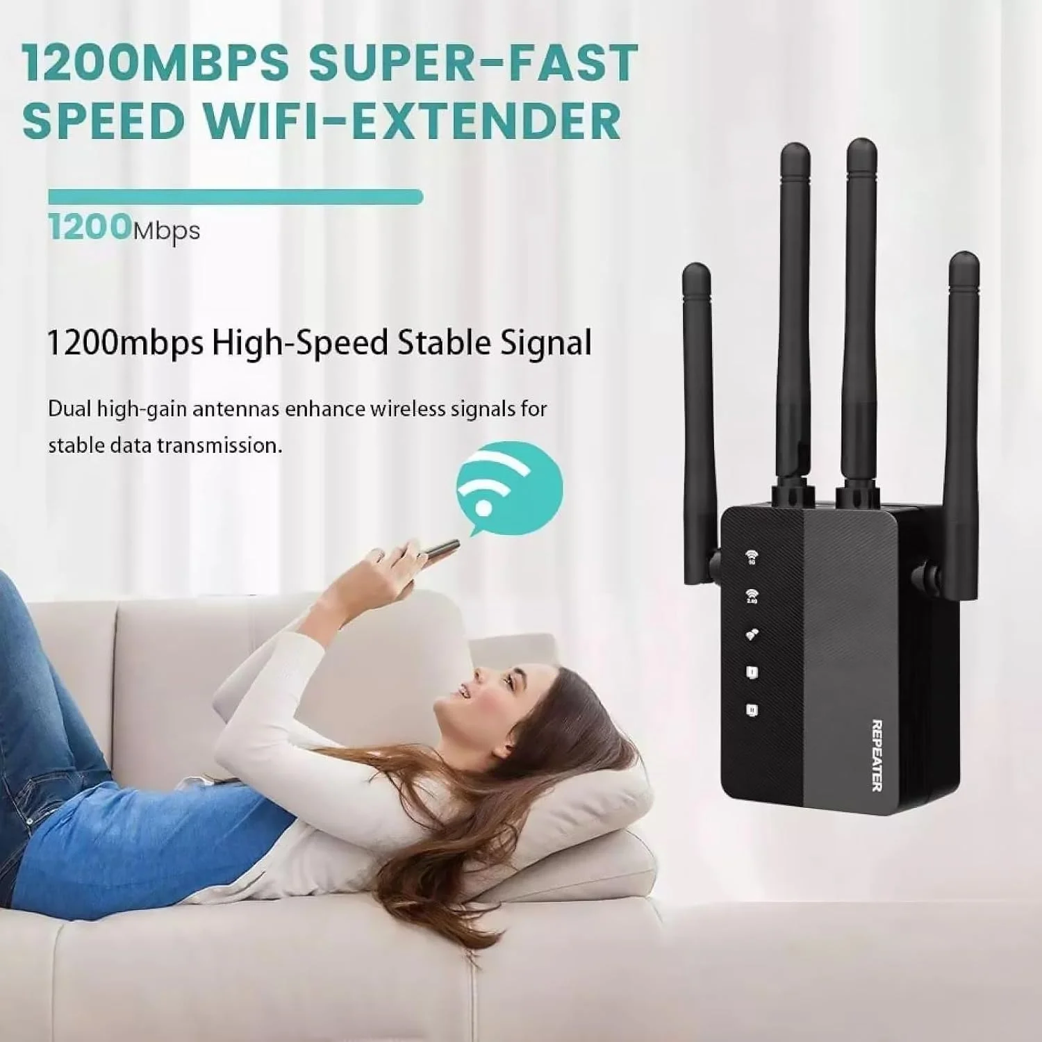 تقویت کننده وای فای دو بانده AC 100~240V با حداکثر سرعت 1200 مگابیت بر ثانیه، دارای 4 آنتن با نفوذ قوی برای تقویت سیگنال شبکه دوربین مداربسته، تلویزیون و کامپیوتر