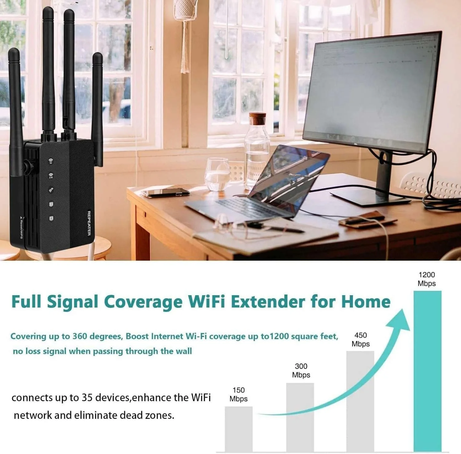 تقویت کننده وای فای AC 100~240V با پورت RJ45 و 4 آنتن خارجی دو بانده تا 1200 مگابیت بر ثانیه، نفوذ قوی برای تلویزیون و کامپیوتر
