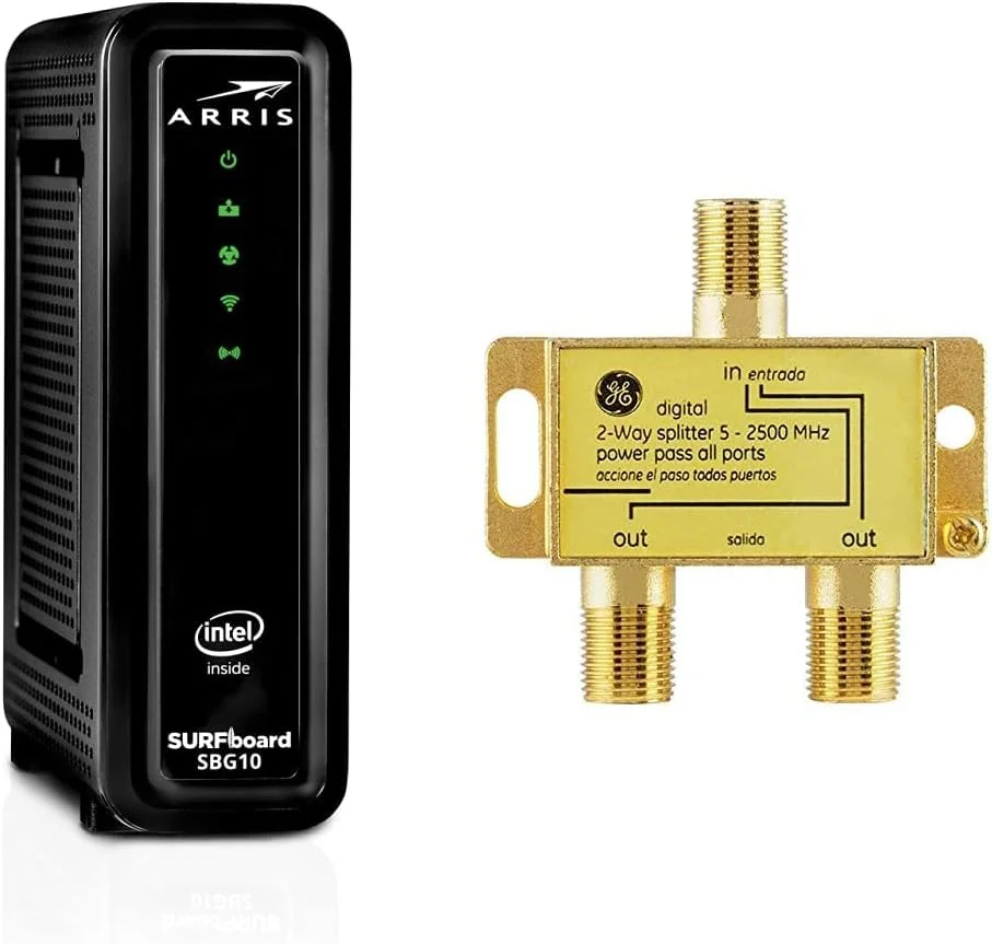 مودم کابلی داکسیس 3.0 و روتر وای فای دو بانده AC1600 ARRIS Surfboard SBG10-RB به همراه اسپلیتر کواکسیال 2 طرفه دیجیتال GE مودم کابلی داکسیس 3.0 و روتر وای فای دو بانده AC1600 ARRIS Surfboard SBG10-RB به همراه اسپلیتر کواکسیال 2 طرفه دیجیتال GE